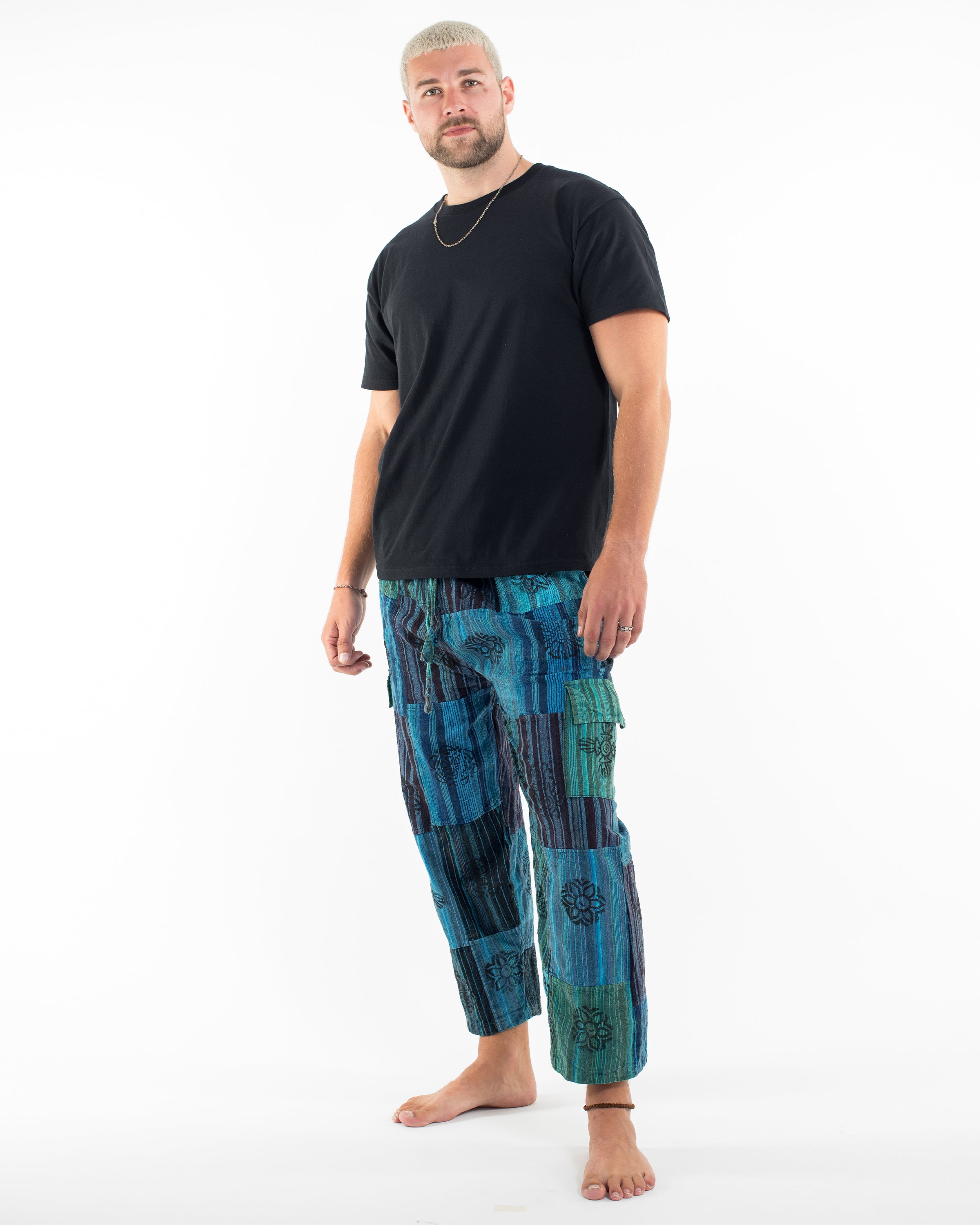 Men's Patchwork Block-Printed Pants in Blue