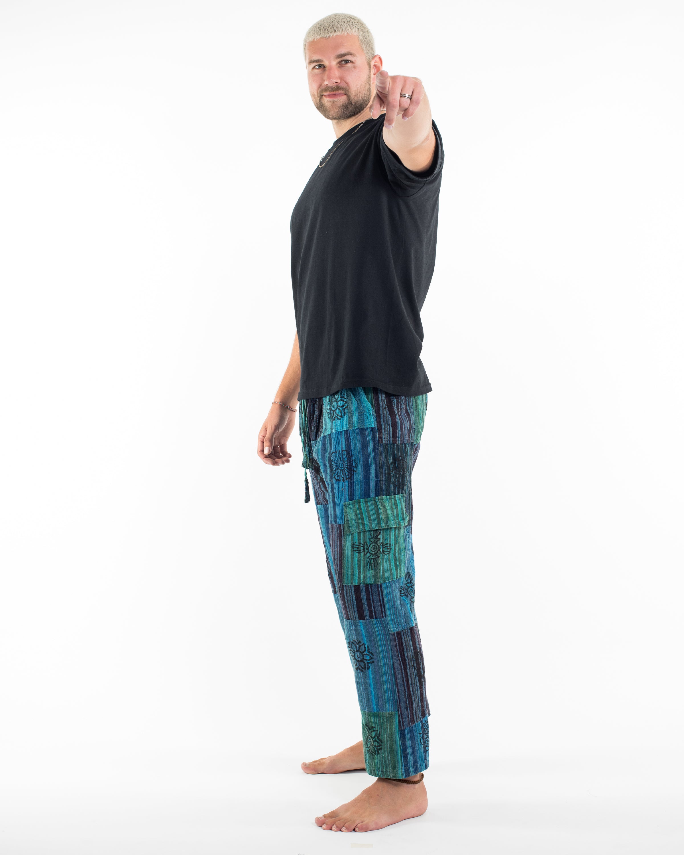 Men's Patchwork Block-Printed Pants in Blue
