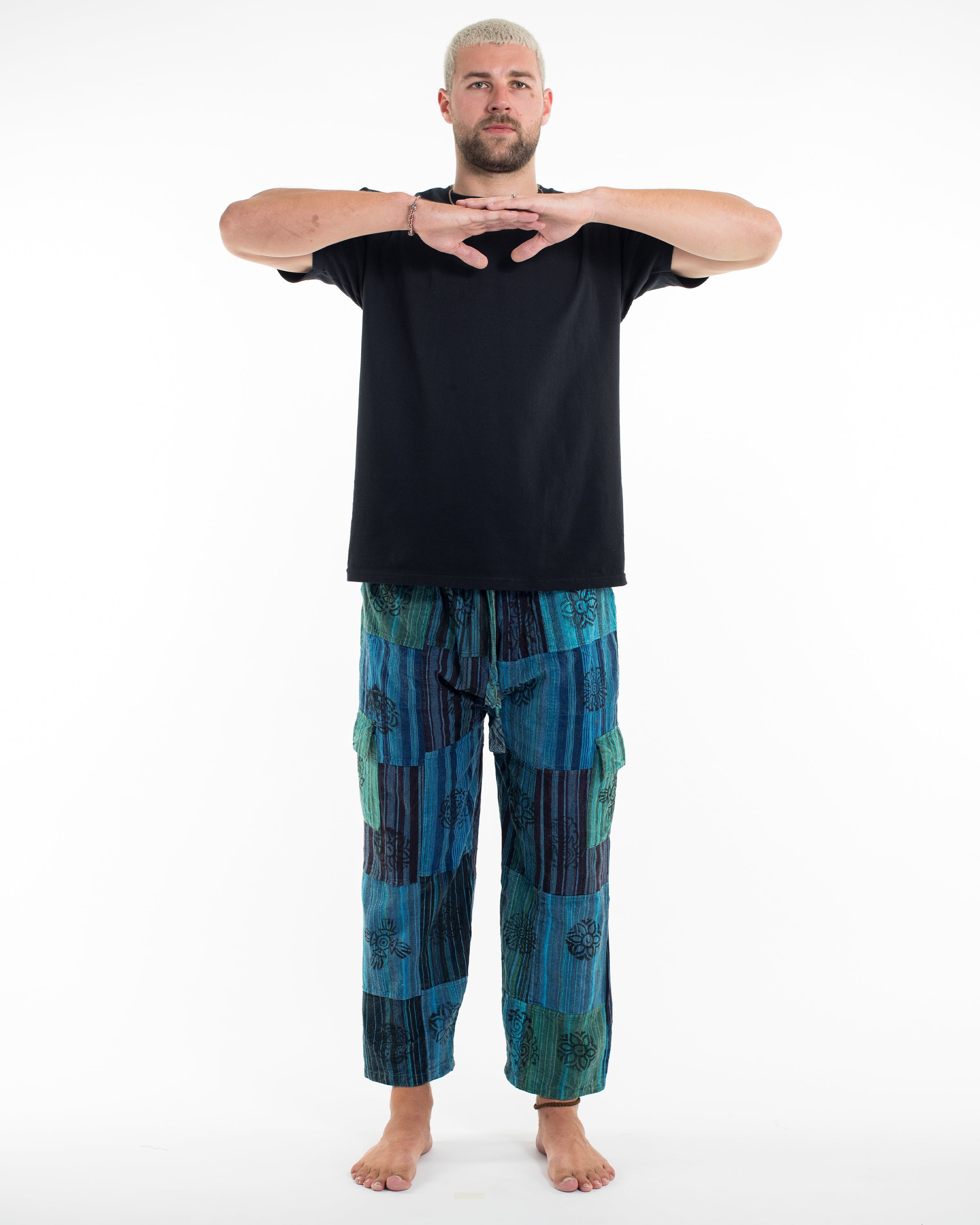 Men's Patchwork Block-Printed Pants in Blue