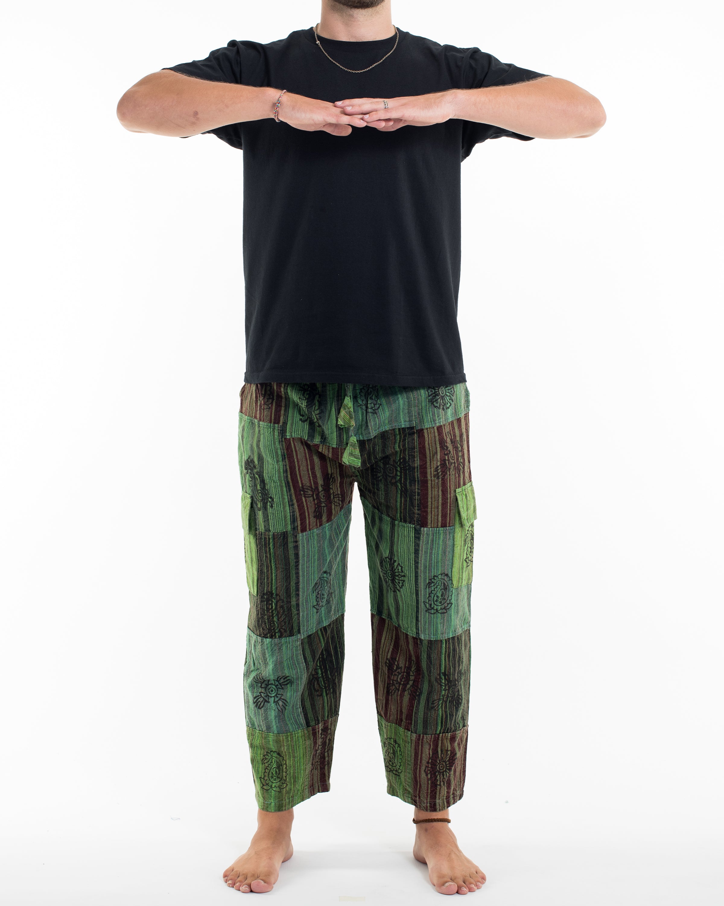 Men's Patchwork Block-Printed Pants in Green