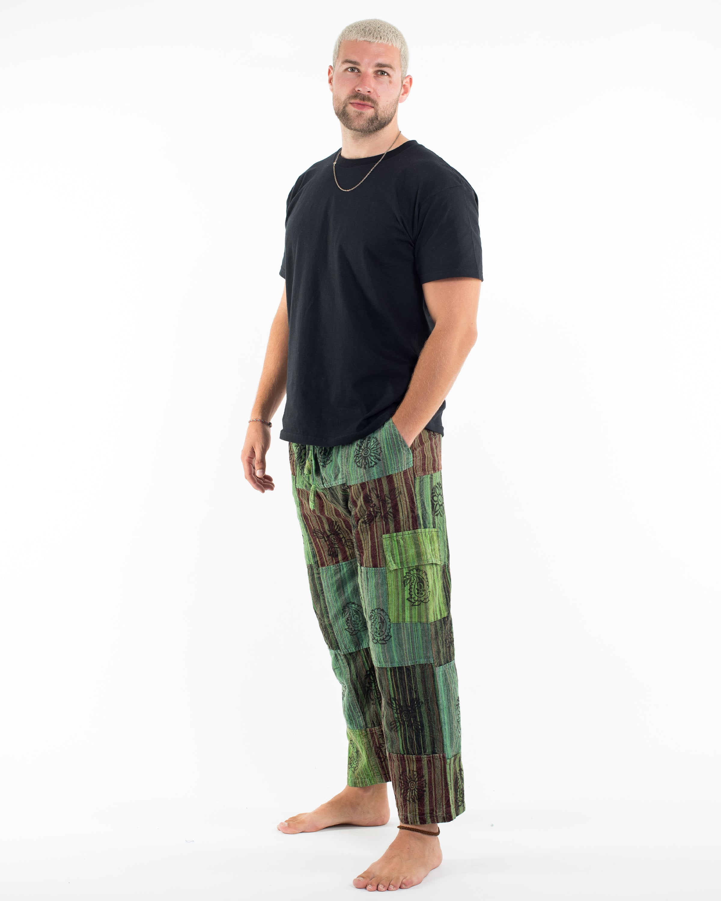 Men's Patchwork Block-Printed Pants in Green