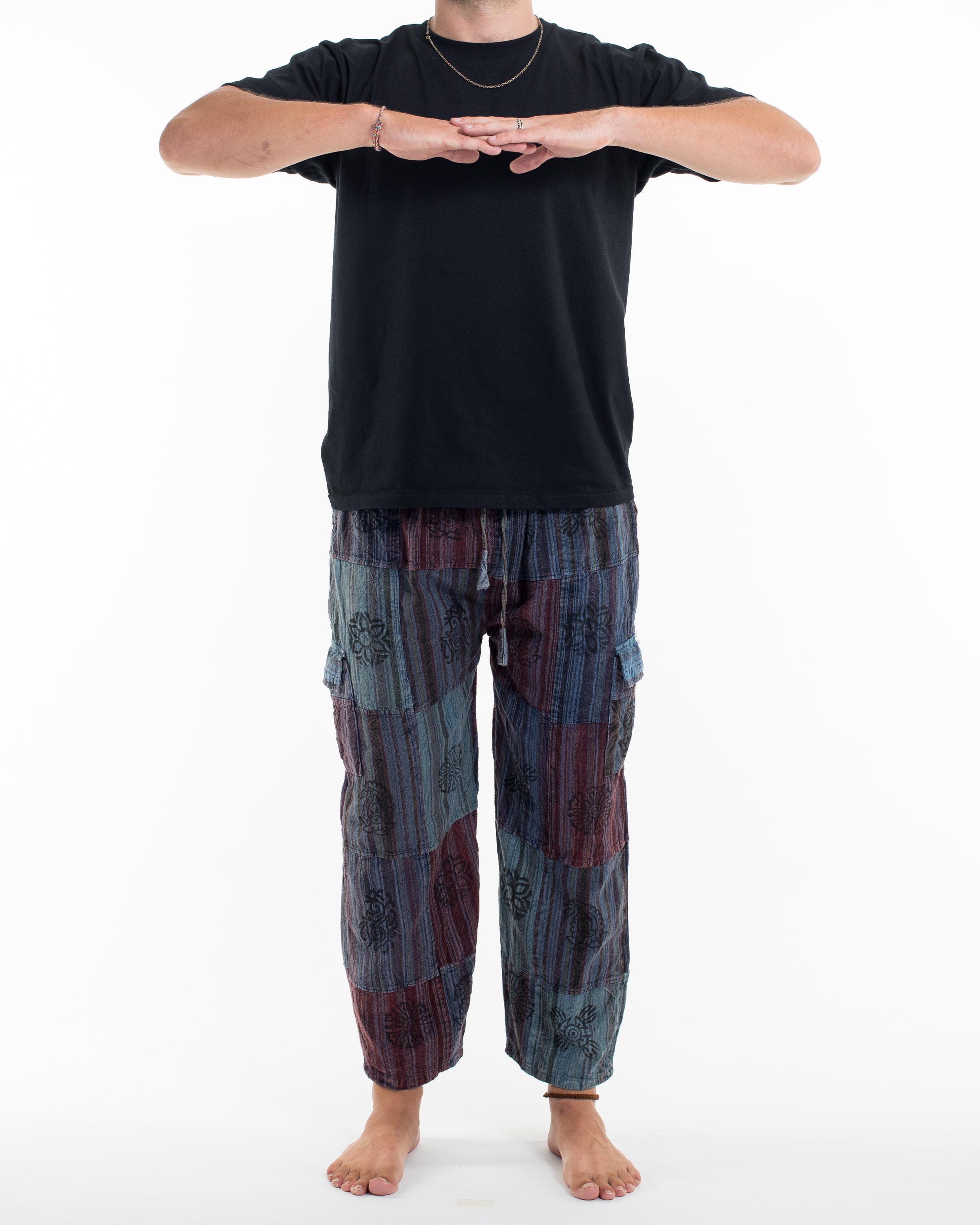 Men's Patchwork Block-Printed Pants in Navy