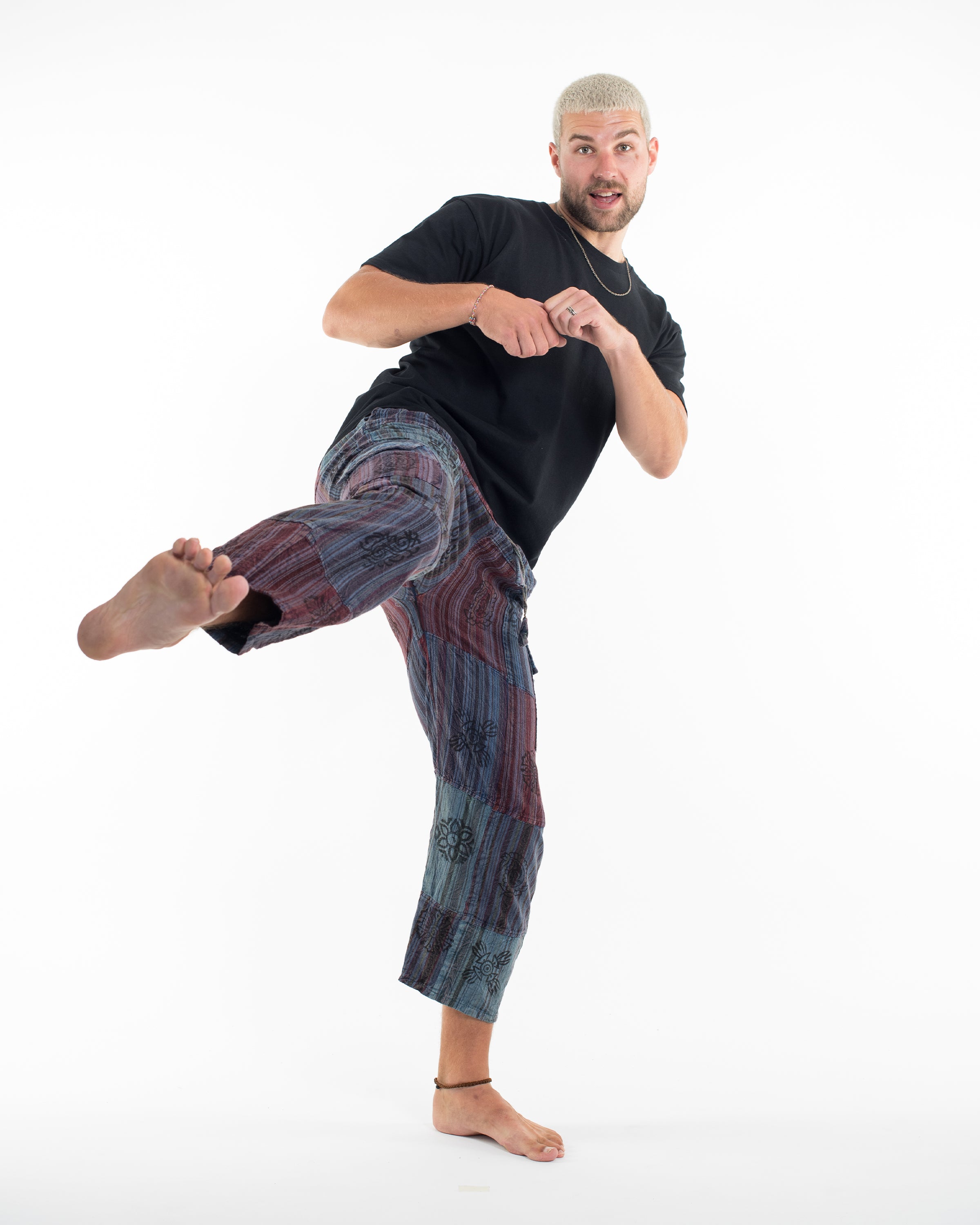 Men's Patchwork Block-Printed Pants in Navy