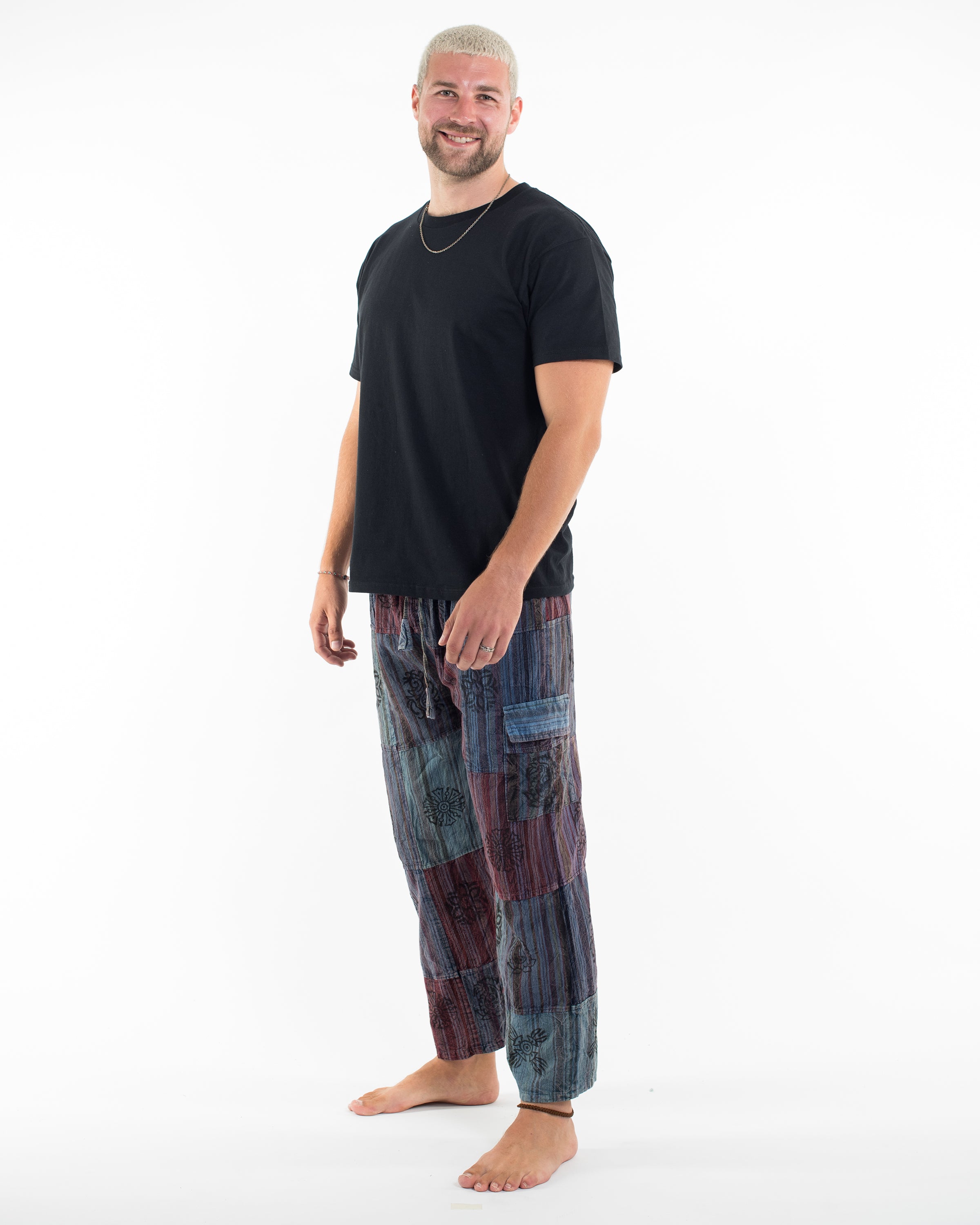 Men's Patchwork Block-Printed Pants in Navy