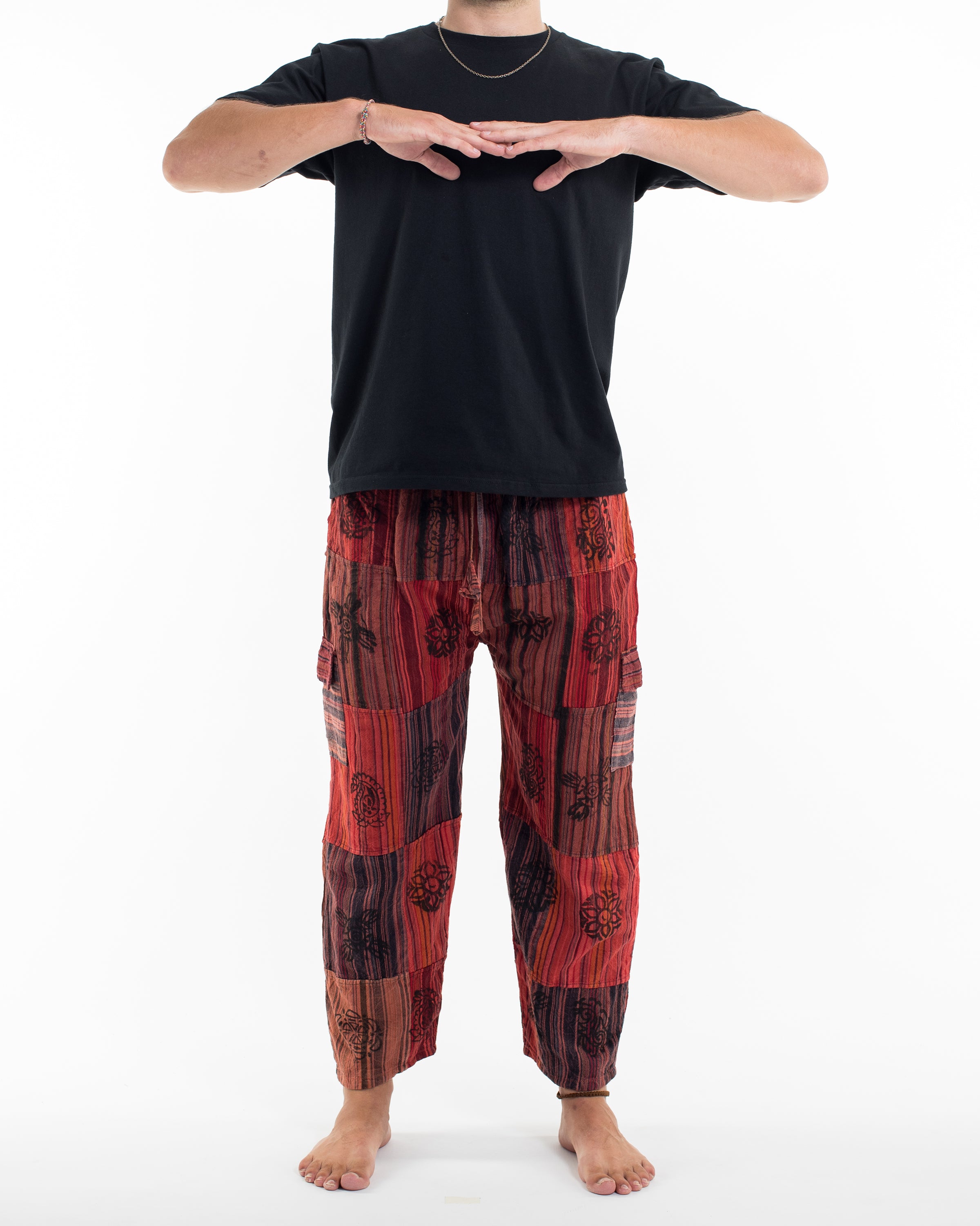 Men's Patchwork Block-Printed Pants in Red