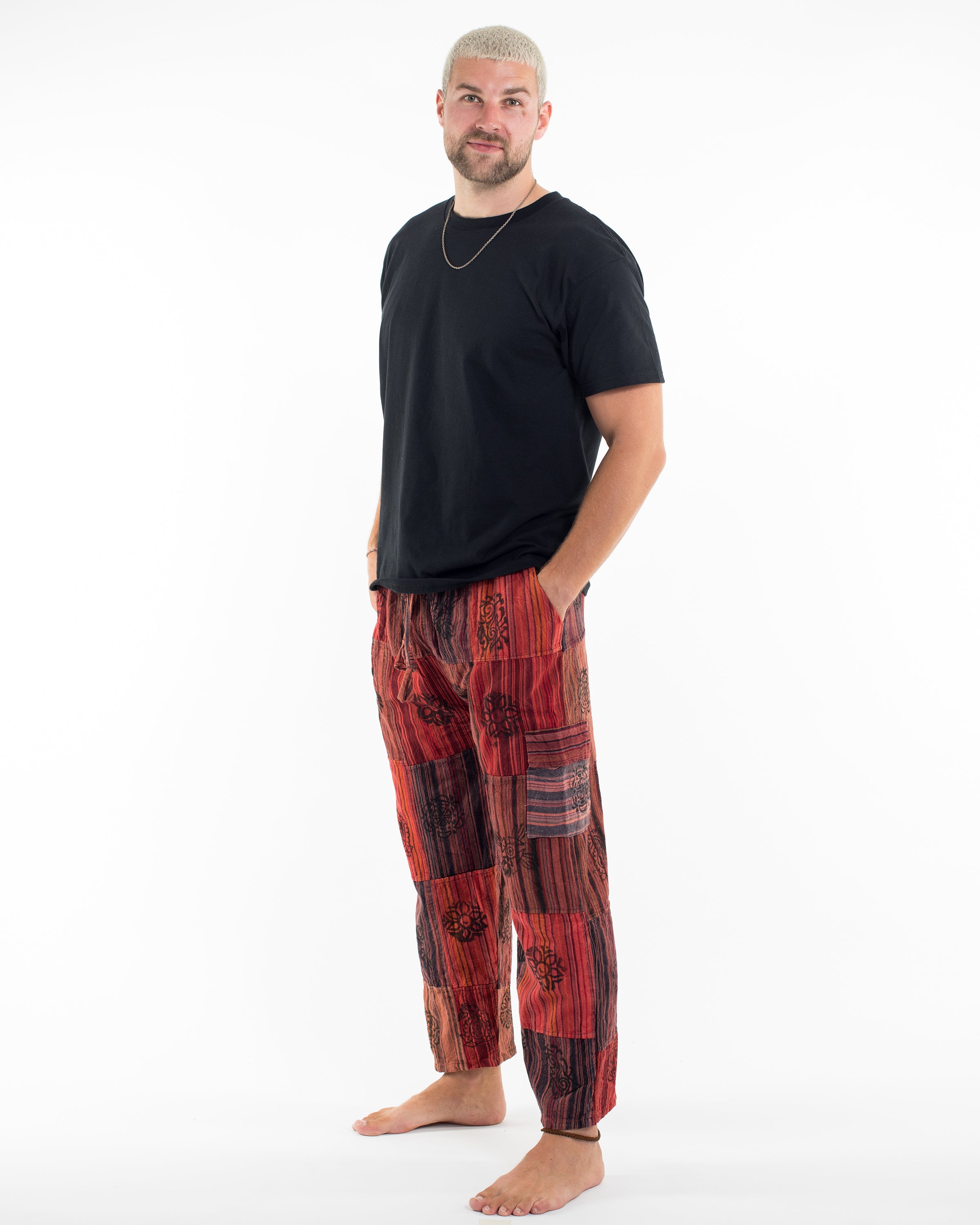 Men's Patchwork Block-Printed Pants in Red