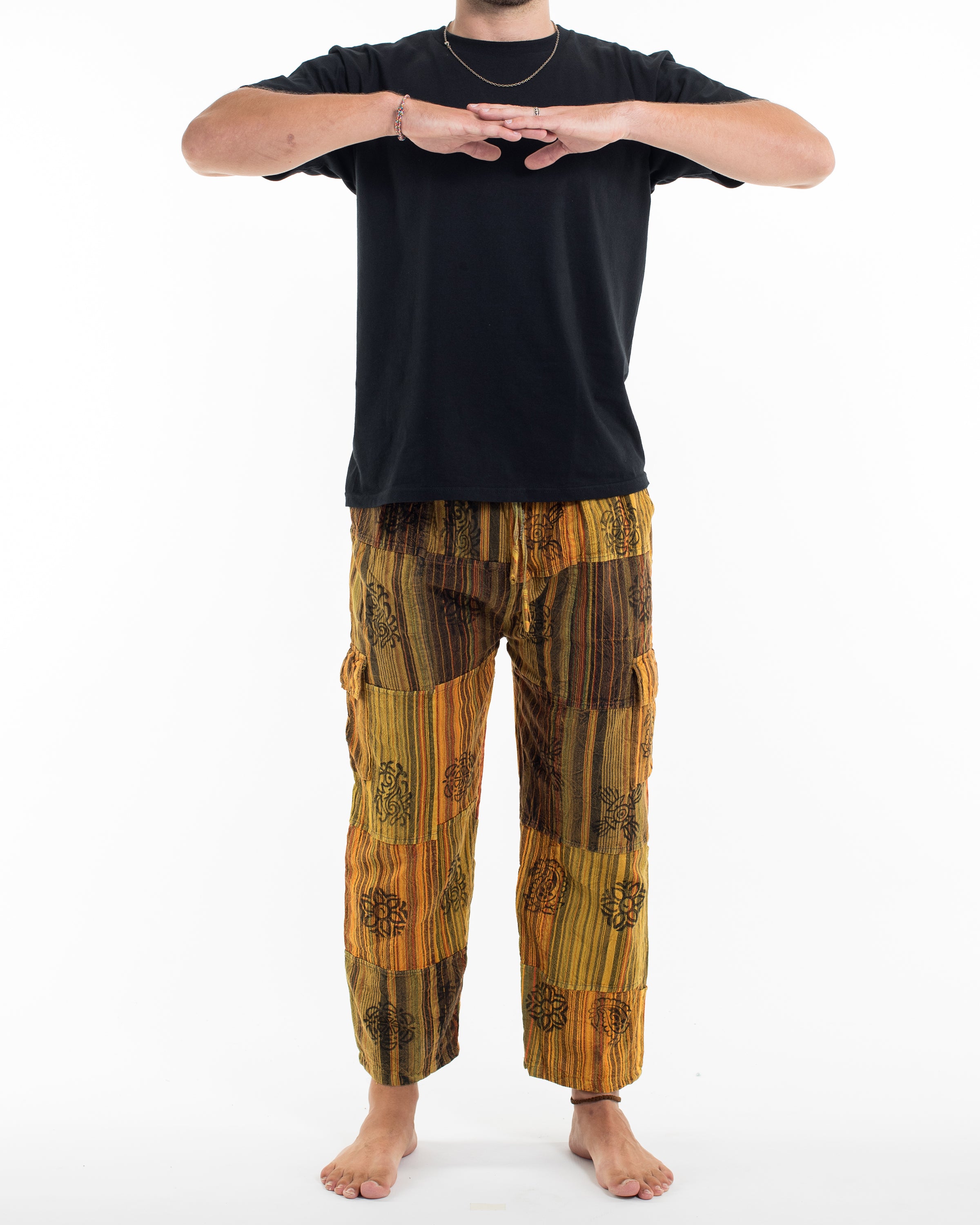 Men's Patchwork Block-Printed Pants in Yellow