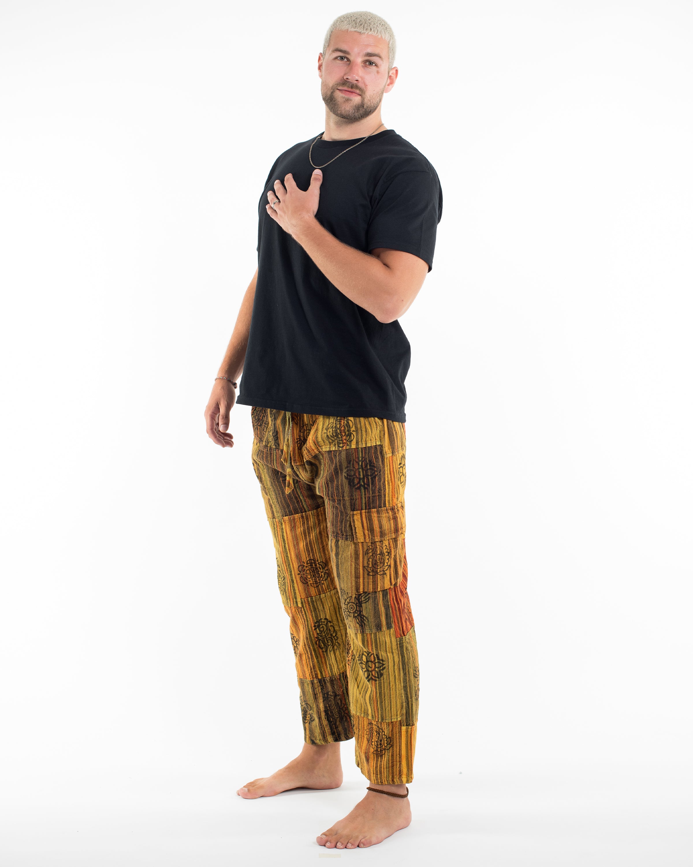 Men's Patchwork Block-Printed Pants in Yellow