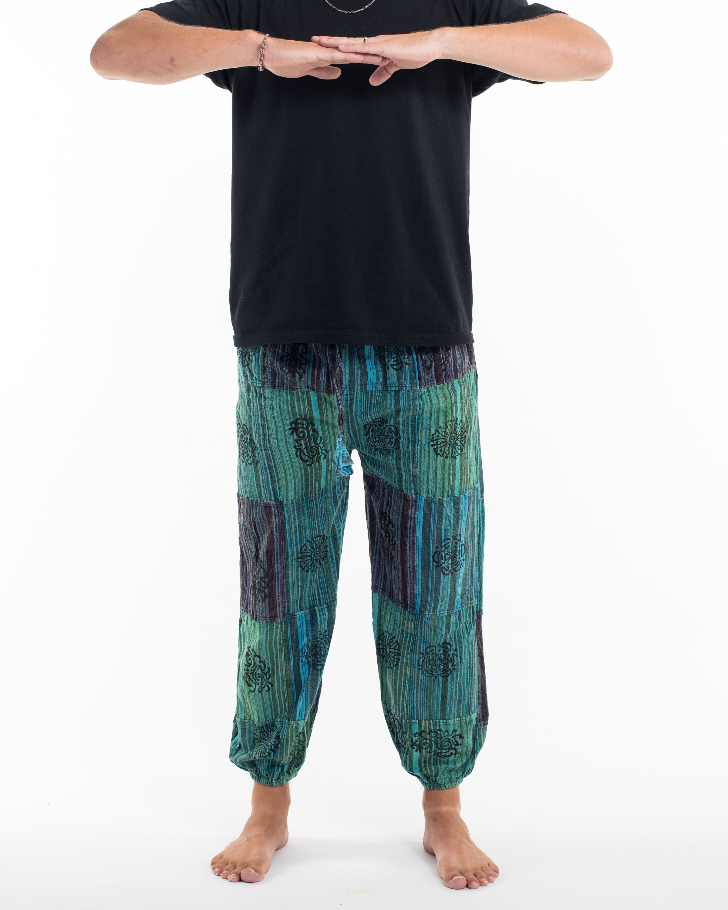 Men's Patchwork Block-Printed Harem Pants in Blue