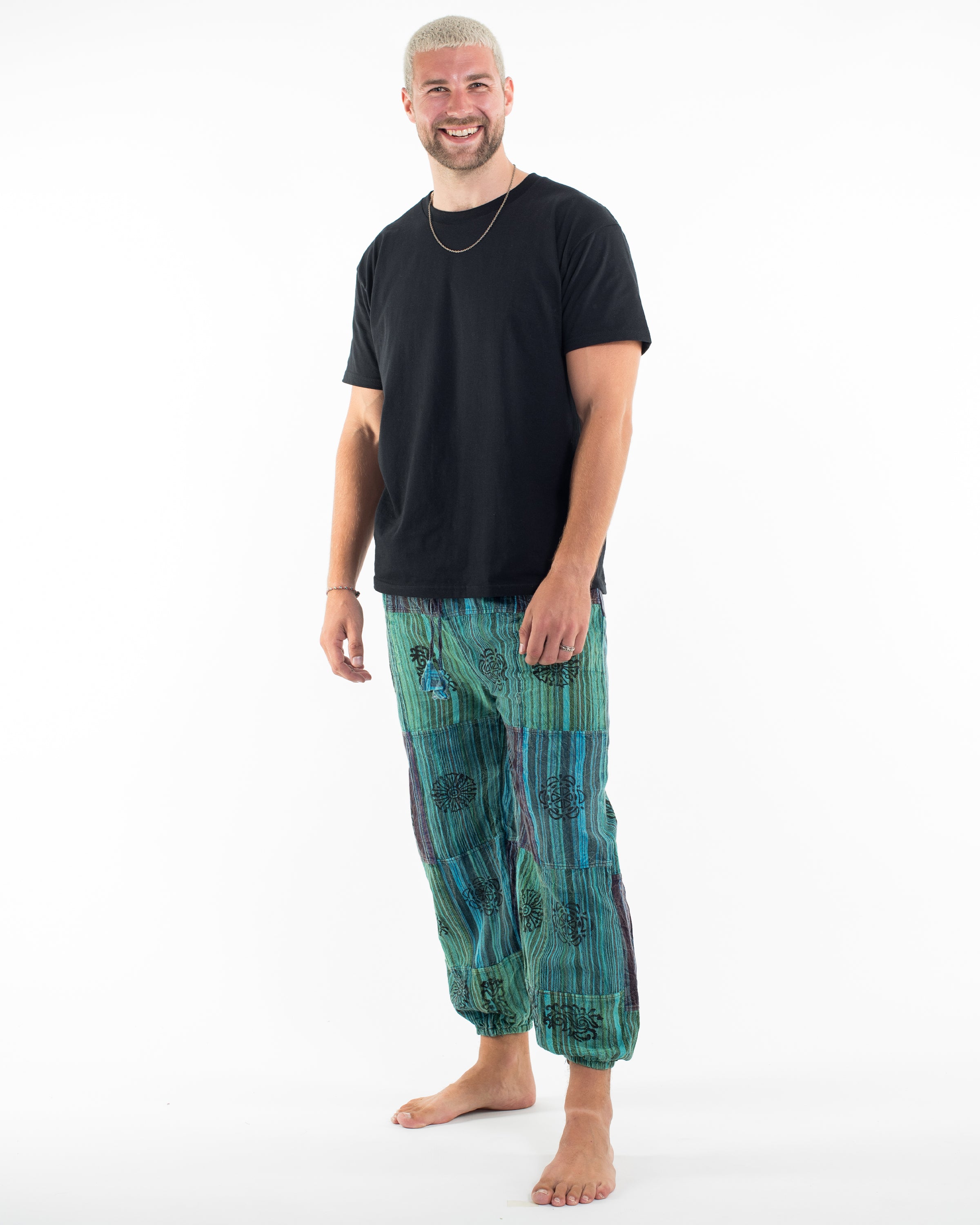 Men's Patchwork Block-Printed Harem Pants in Blue