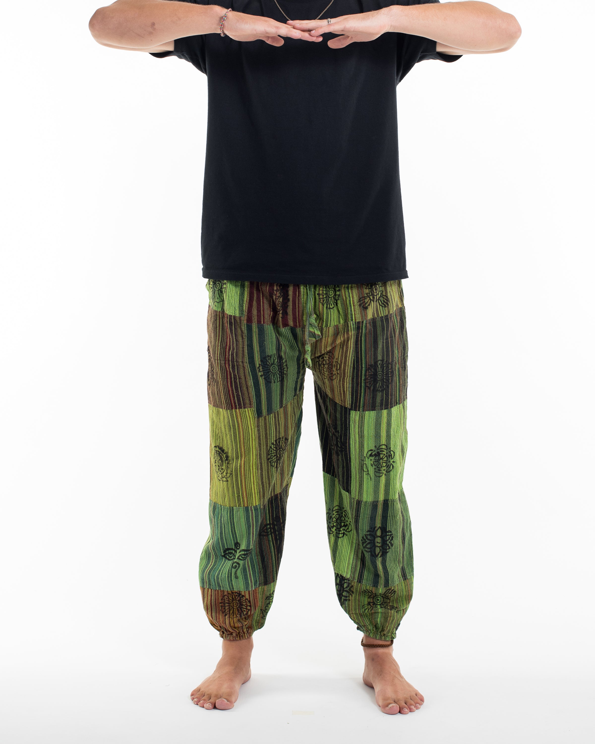 Men's Patchwork Block-Printed Harem Pants in Green