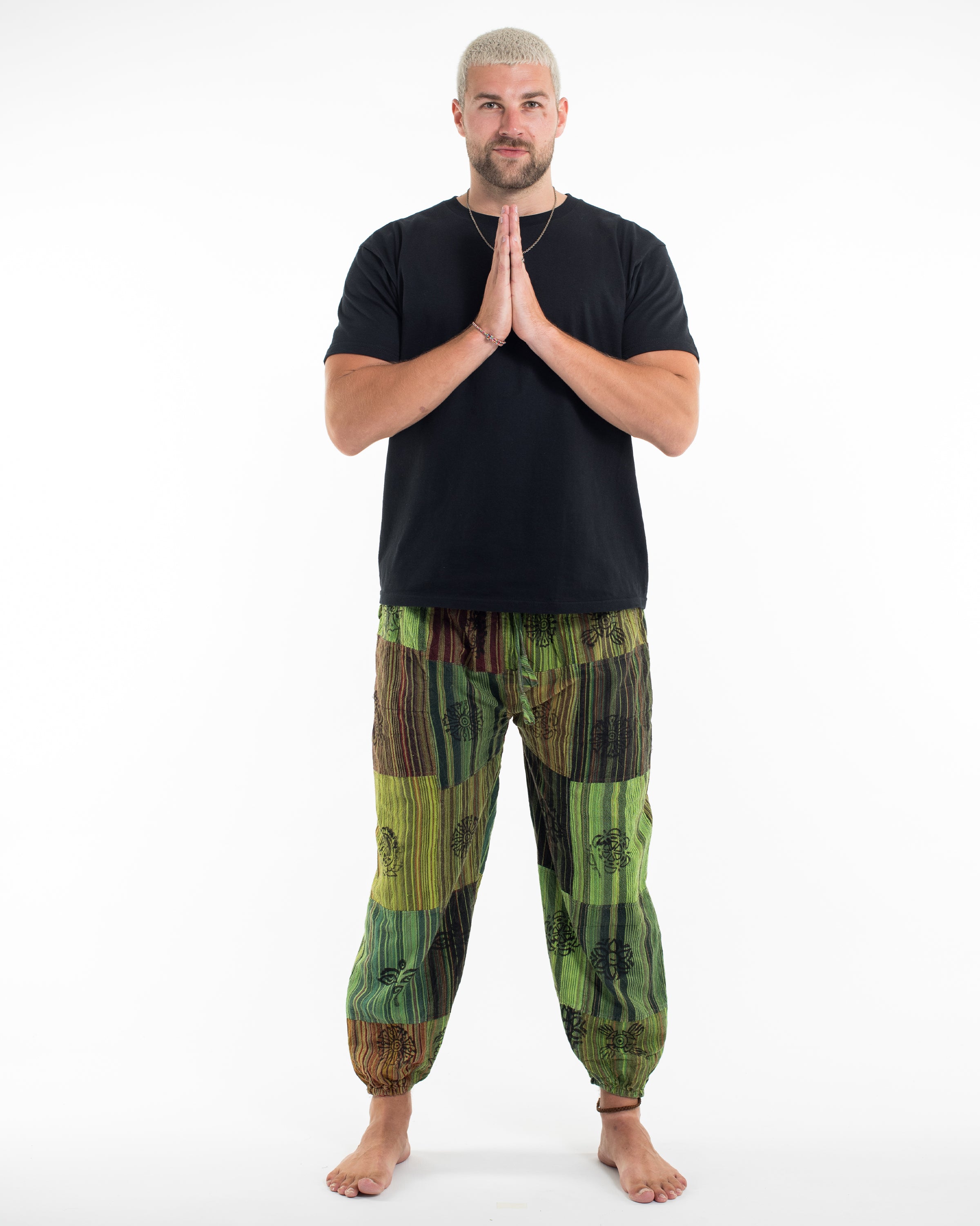 Men's Patchwork Block-Printed Harem Pants in Green
