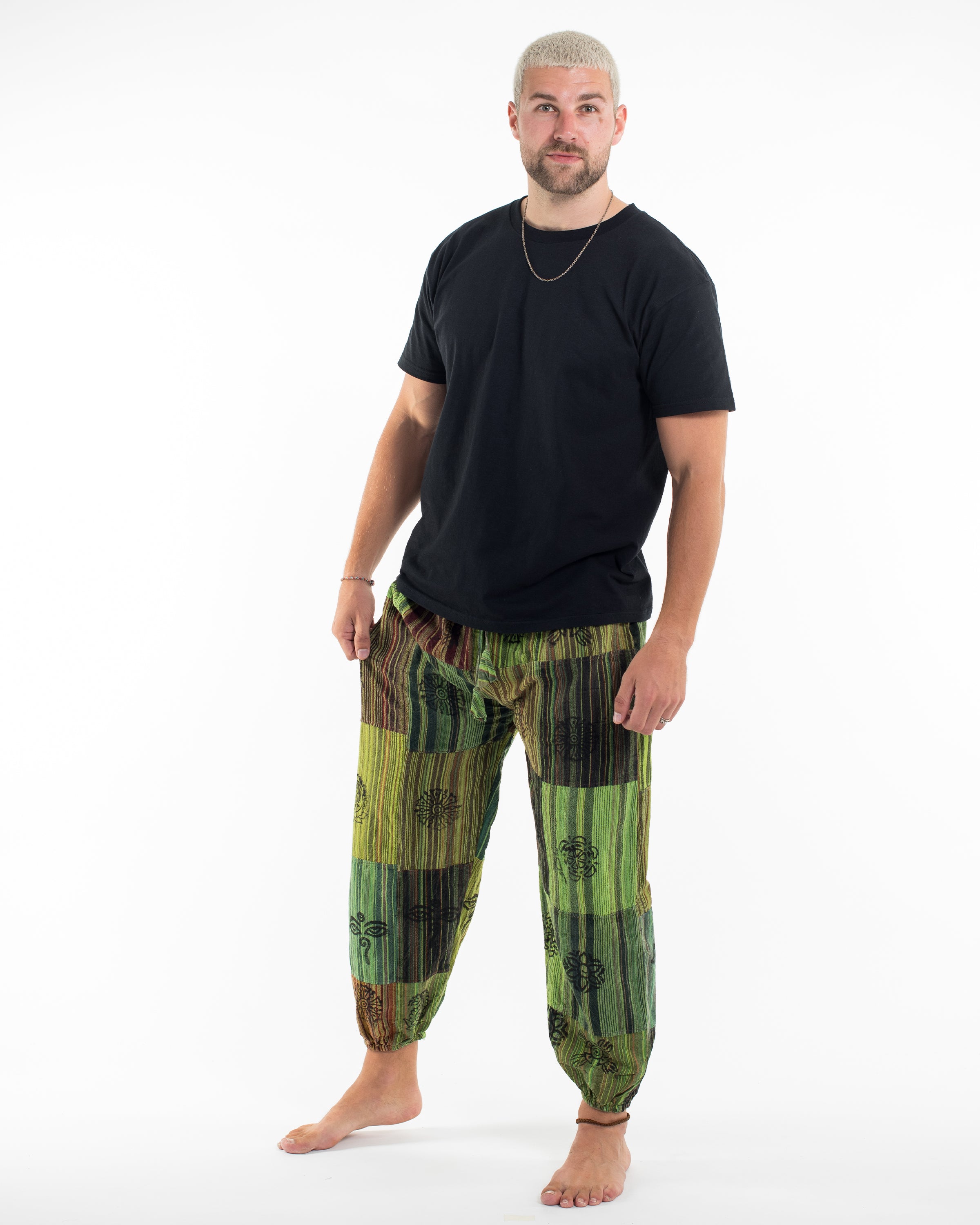 Men's Patchwork Block-Printed Harem Pants in Green