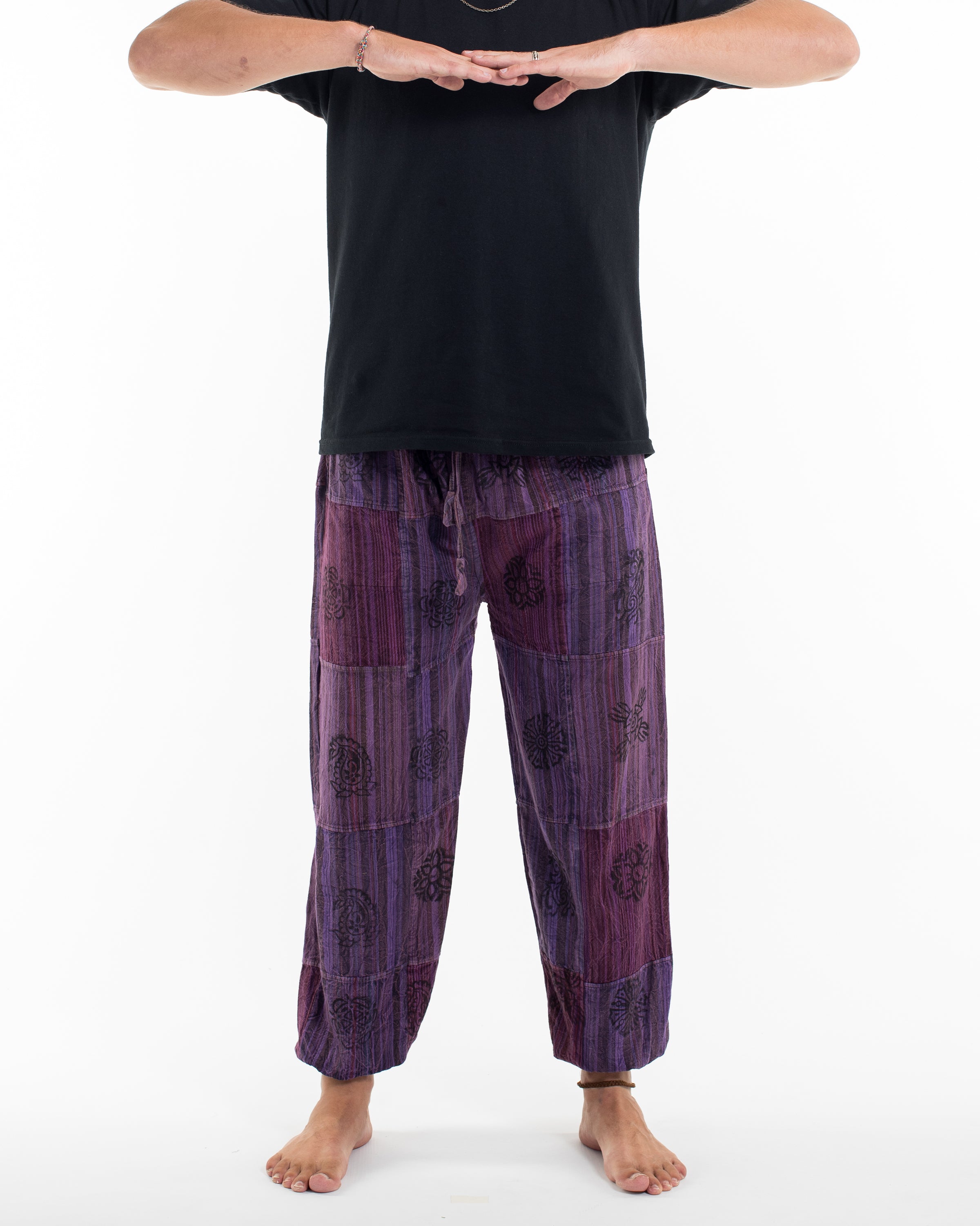 Men's Patchwork Block-Printed Harem Pants in Purple