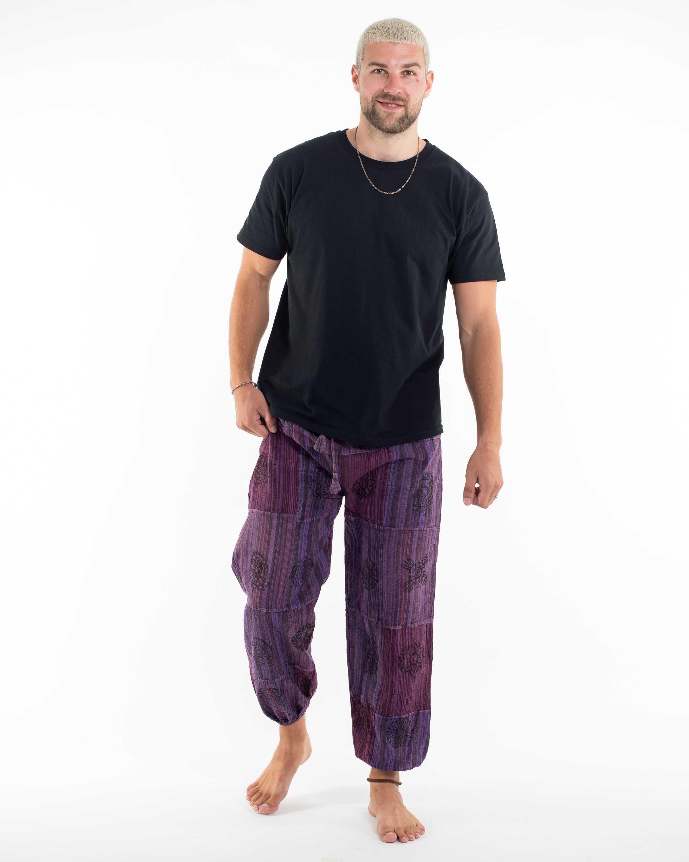 Men's Patchwork Block-Printed Harem Pants in Purple