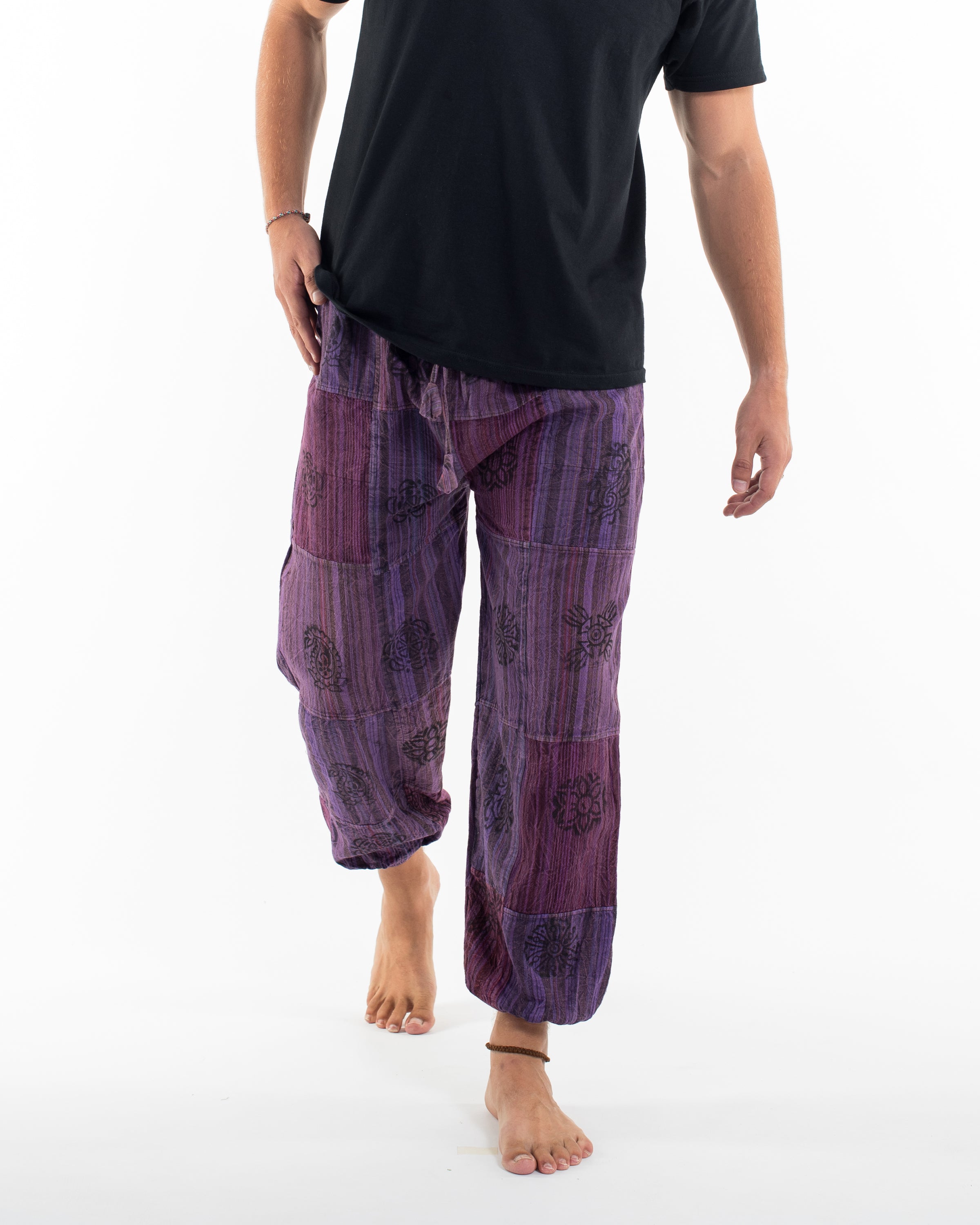 Men's Patchwork Block-Printed Harem Pants in Purple