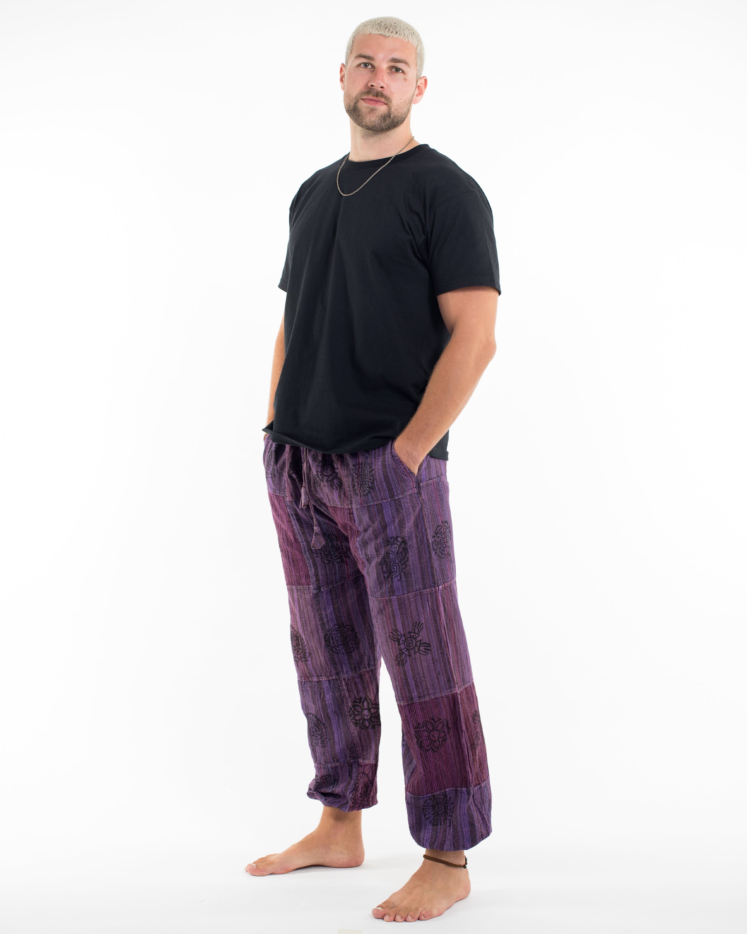 Men's Patchwork Block-Printed Harem Pants in Purple