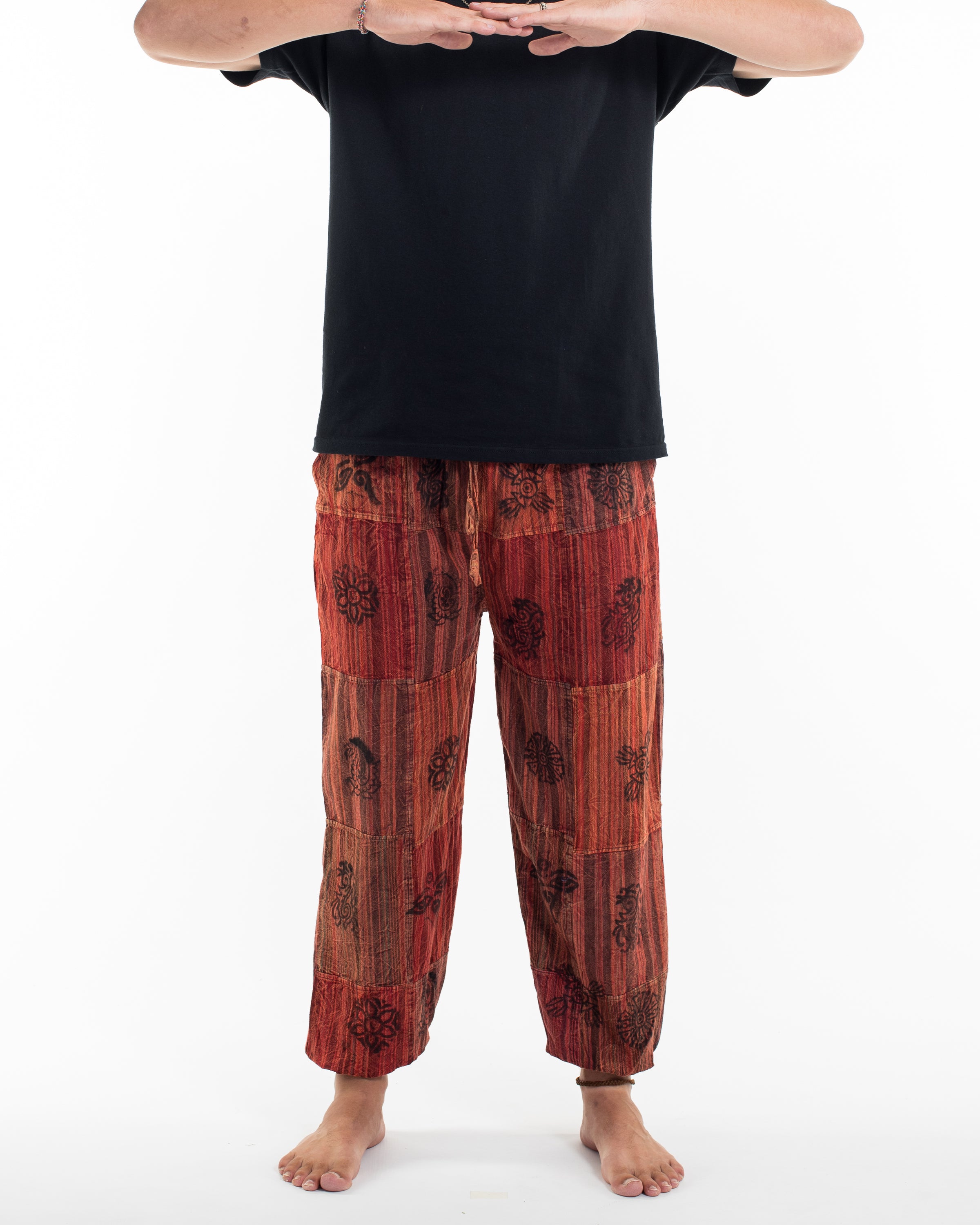 Men's Patchwork Block-Printed Harem Pants in Red