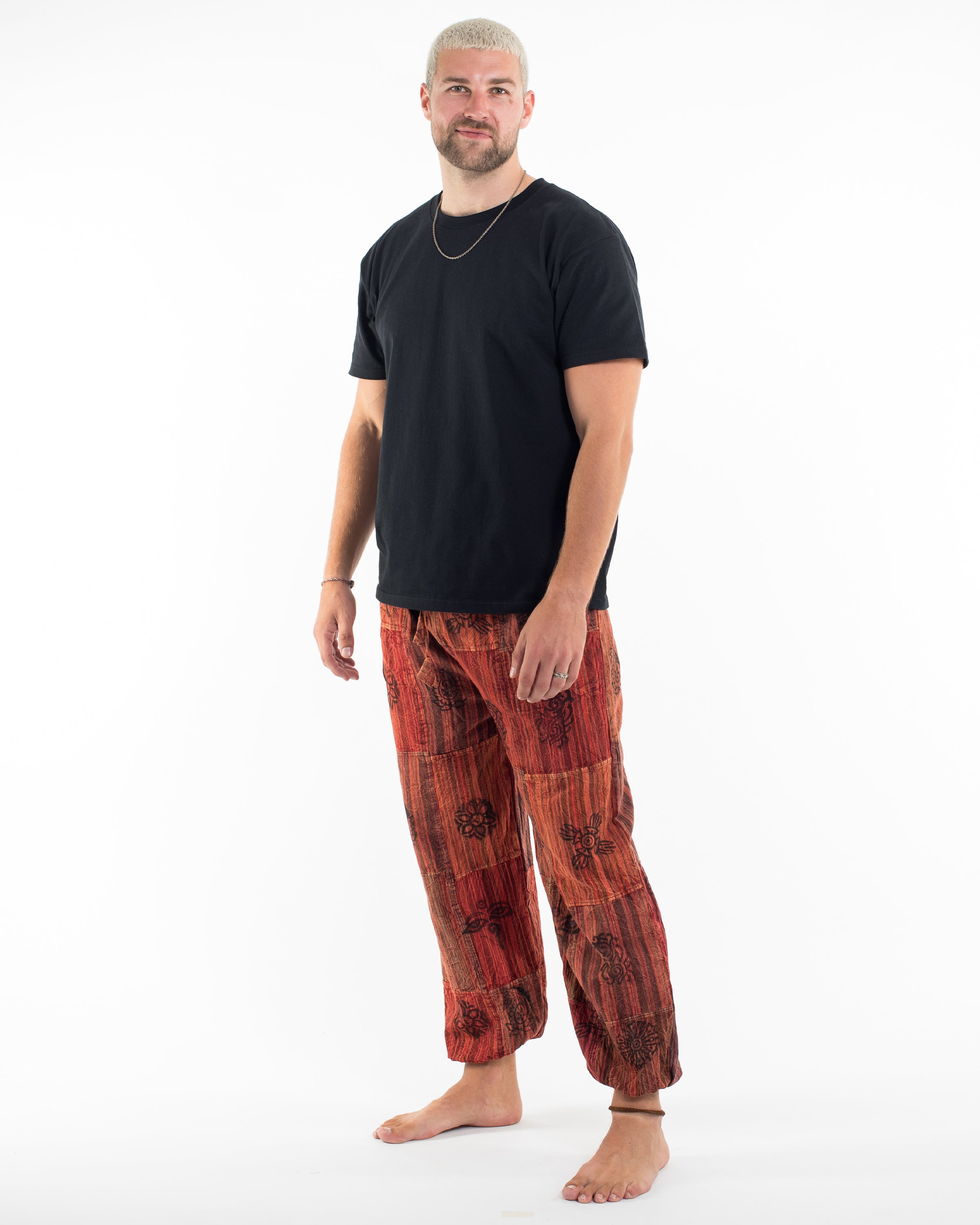 Men's Patchwork Block-Printed Harem Pants in Red