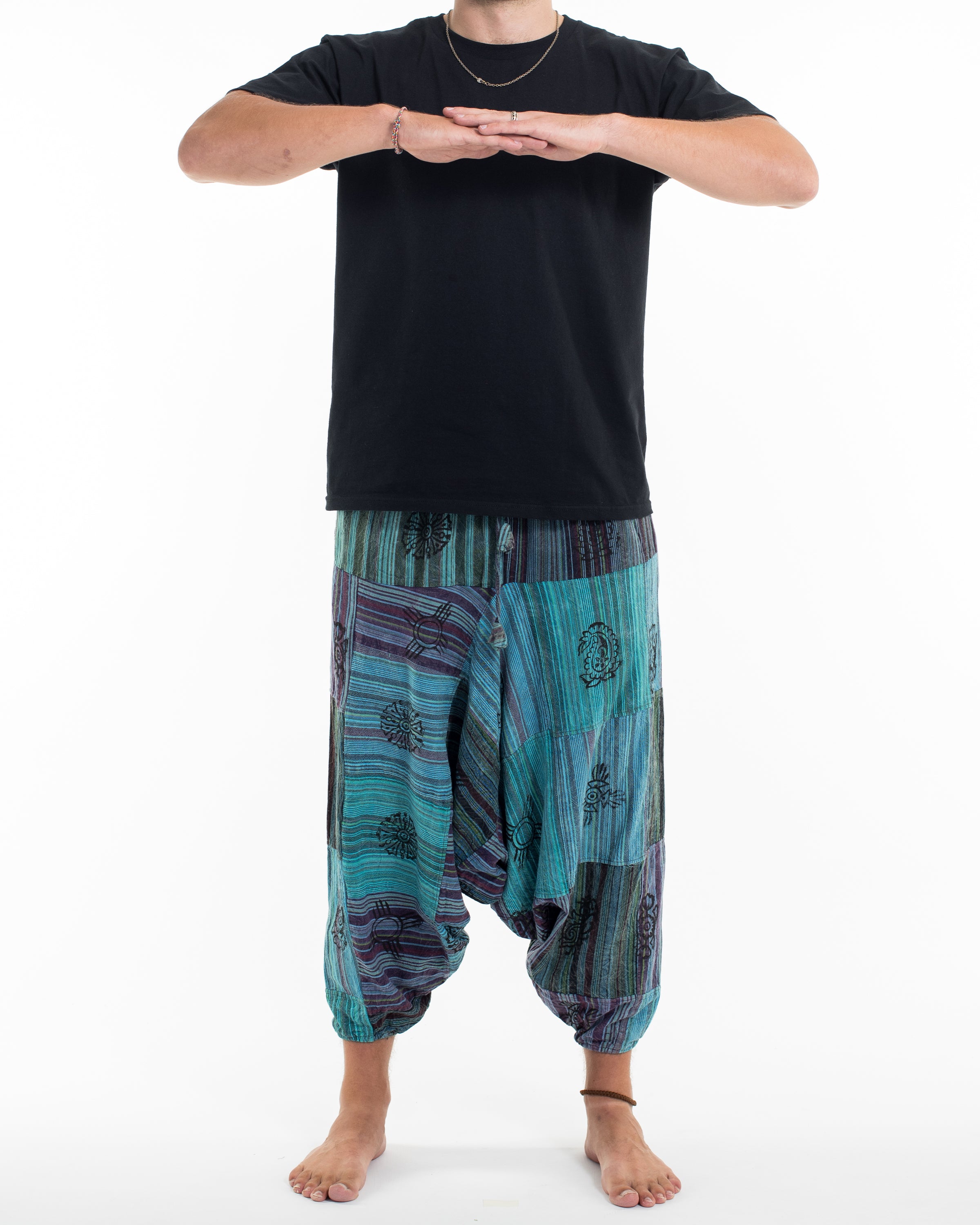 Men's Patchwork Block-Printed Low Cut Harem Pants in Blue
