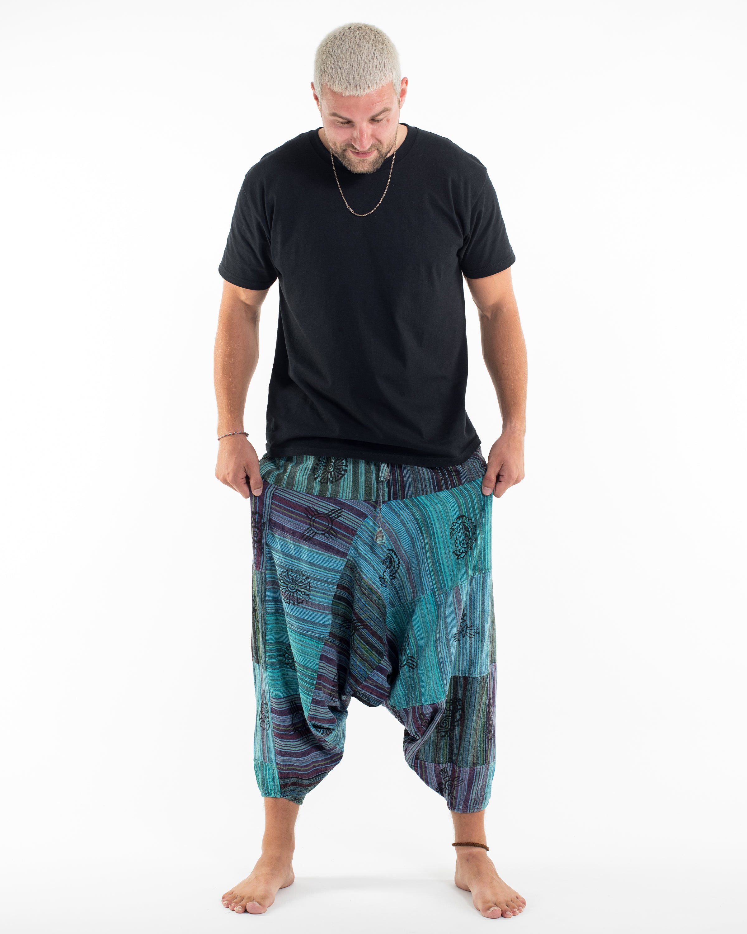 Men's Patchwork Block-Printed Low Cut Harem Pants in Blue