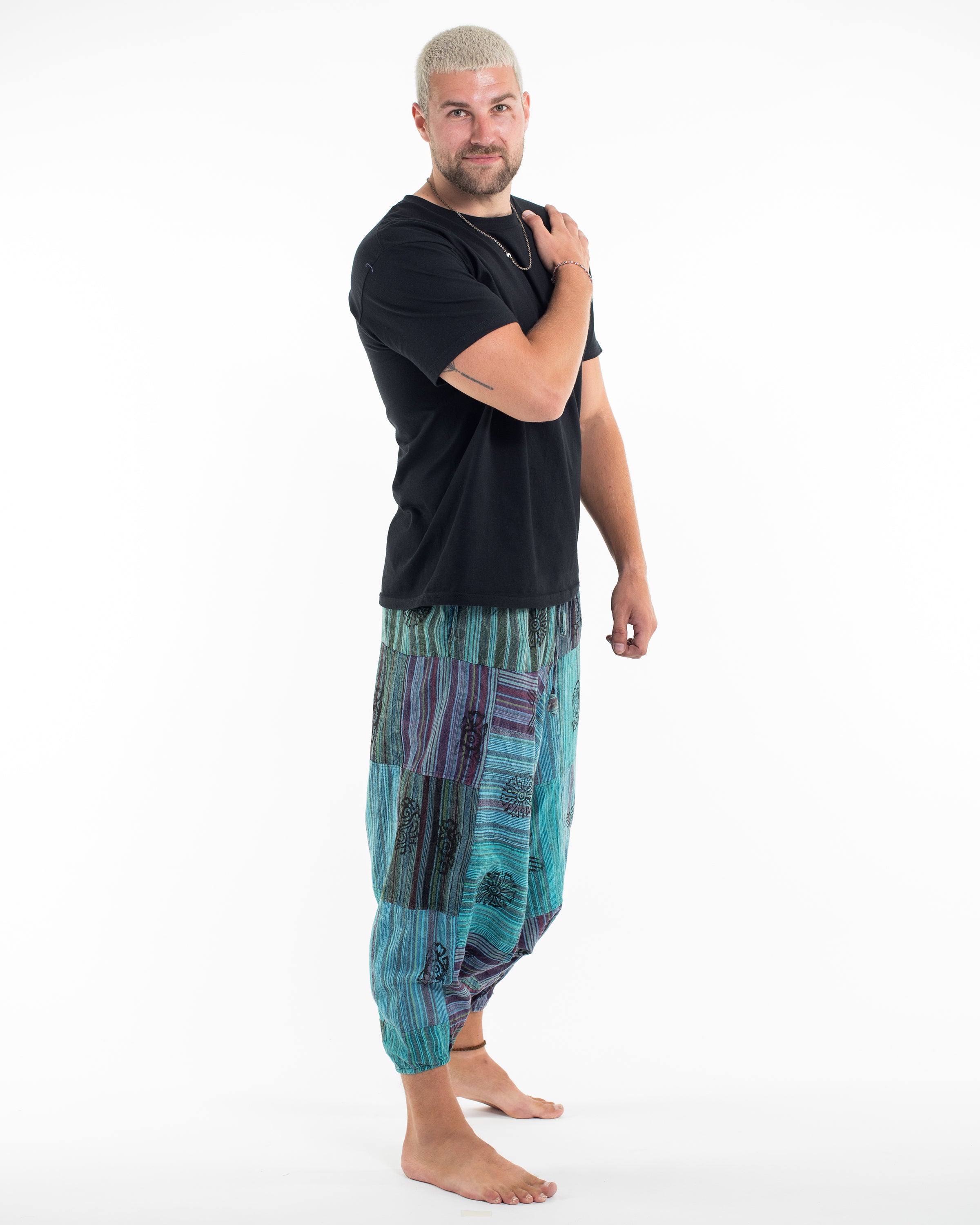 Men's Patchwork Block-Printed Low Cut Harem Pants in Blue