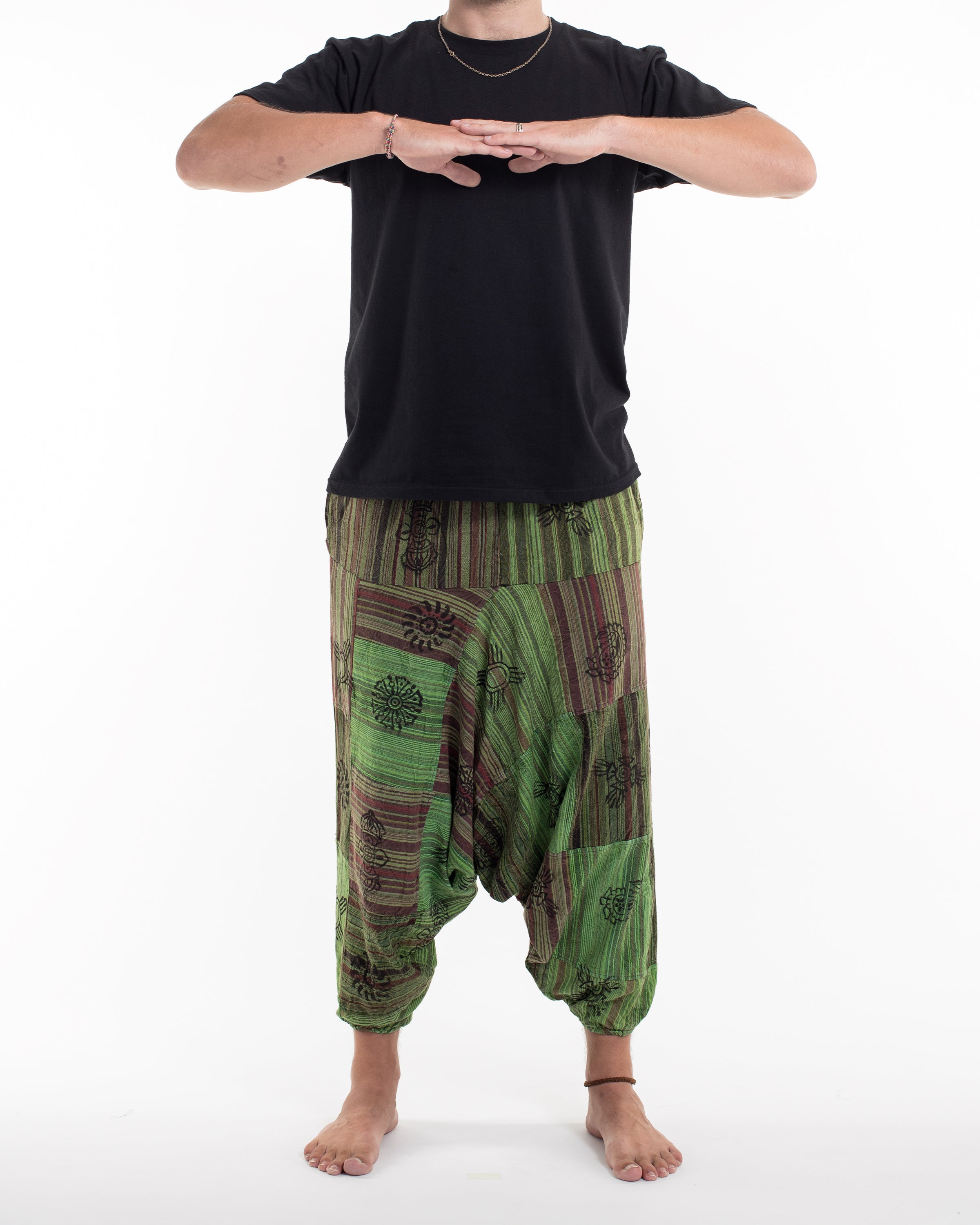 Men's Patchwork Block-Printed Low Cut Harem Pants in Green