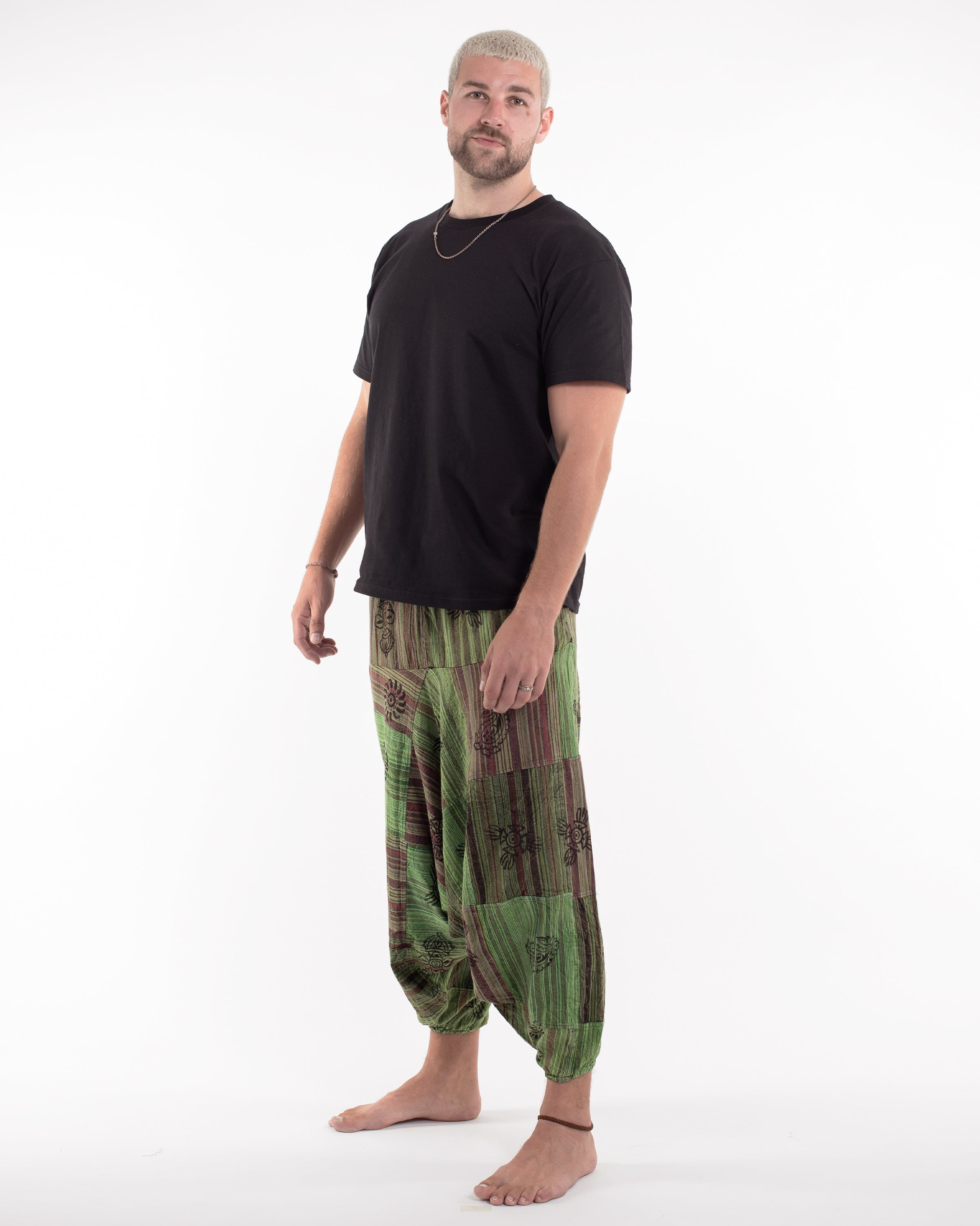 Men's Patchwork Block-Printed Low Cut Harem Pants in Green