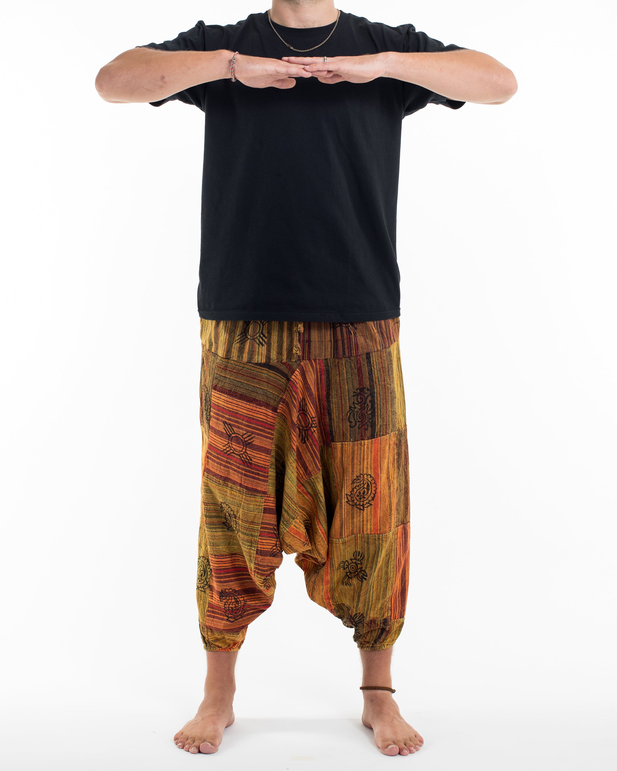 Men's Patchwork Block-Printed Low Cut Harem Pants in Orange
