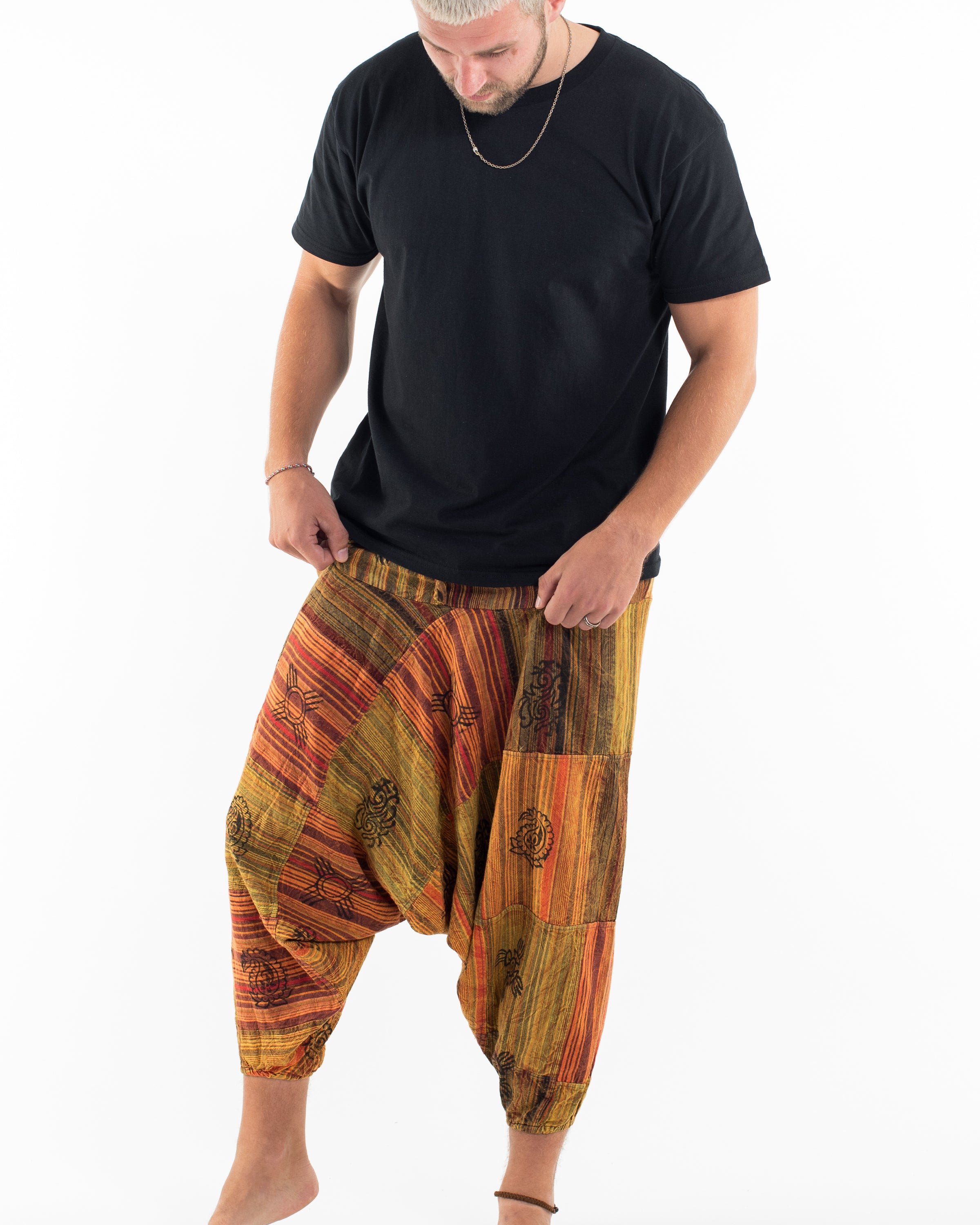 Men's Patchwork Block-Printed Low Cut Harem Pants in Orange