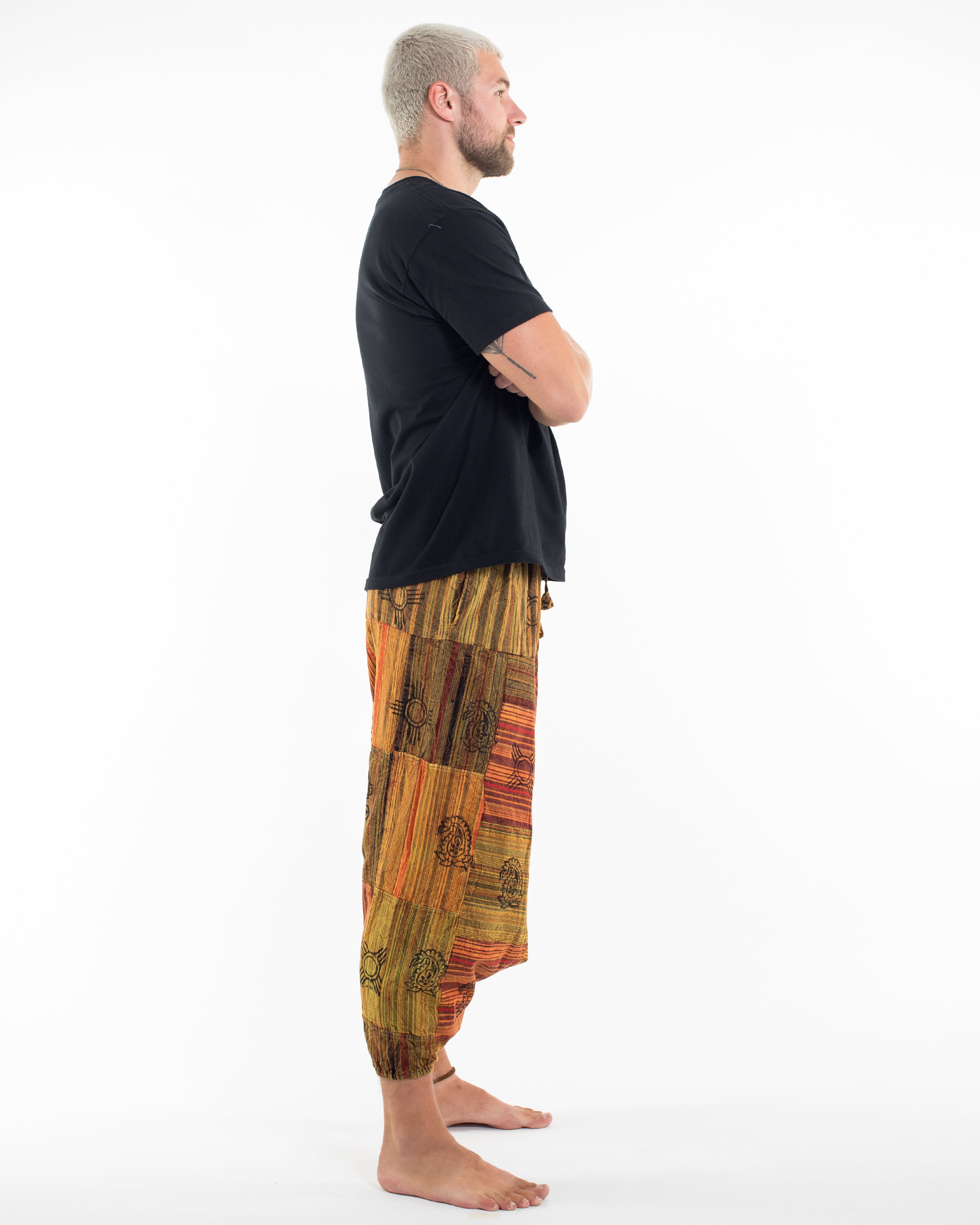 Men's Patchwork Block-Printed Low Cut Harem Pants in Orange