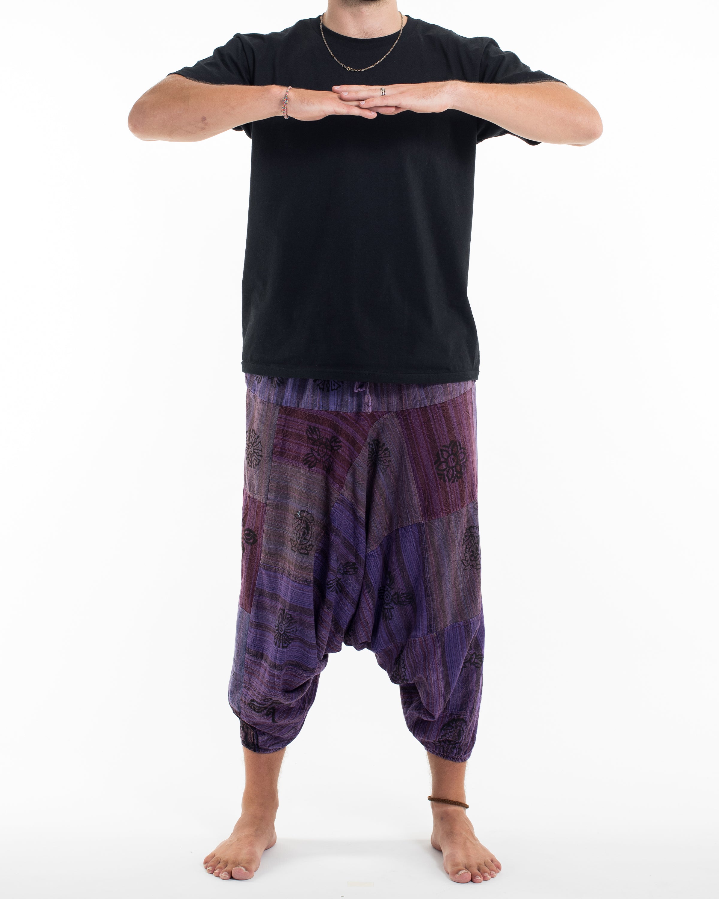 Men's Patchwork Block-Printed Low Cut Harem Pants in Purple