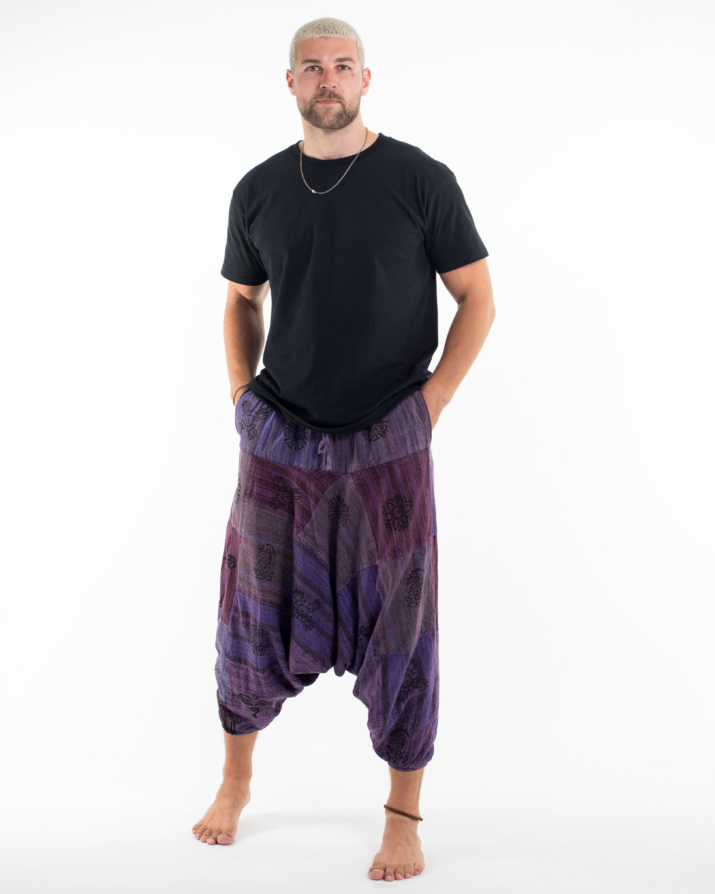 Men's Patchwork Block-Printed Low Cut Harem Pants in Purple