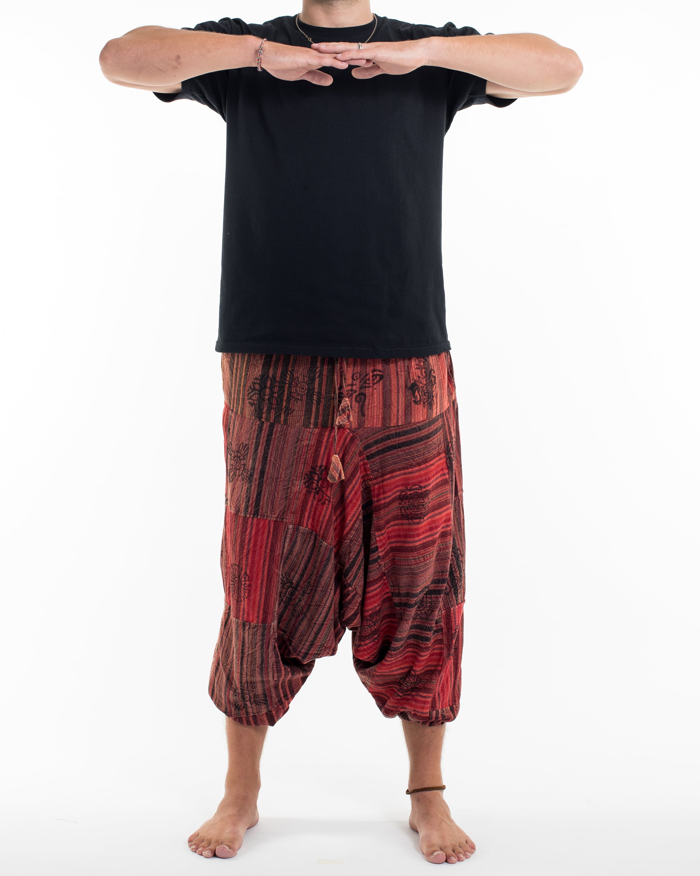 Men's Patchwork Block-Printed Low Cut Harem Pants in Red