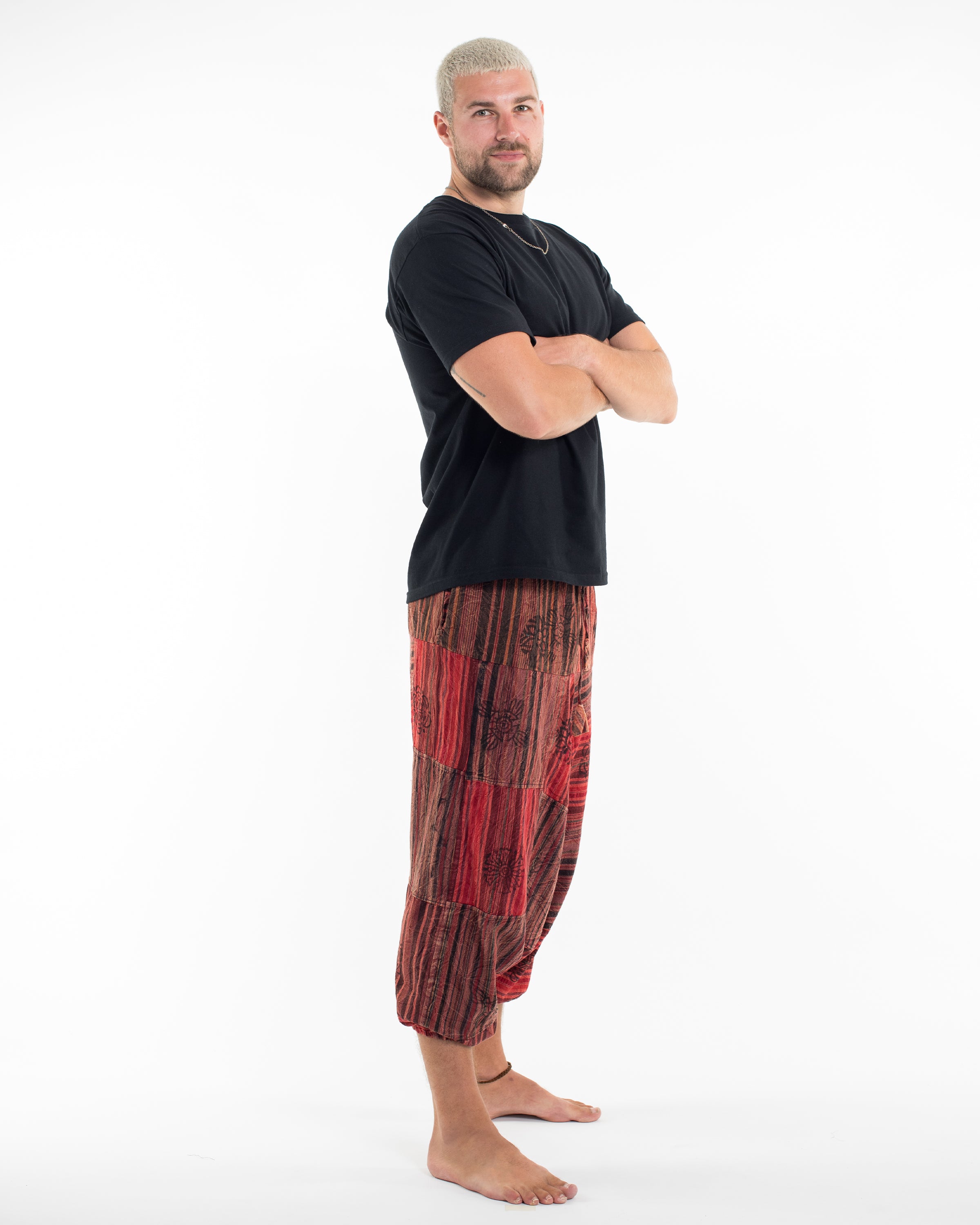 Men's Patchwork Block-Printed Low Cut Harem Pants in Red