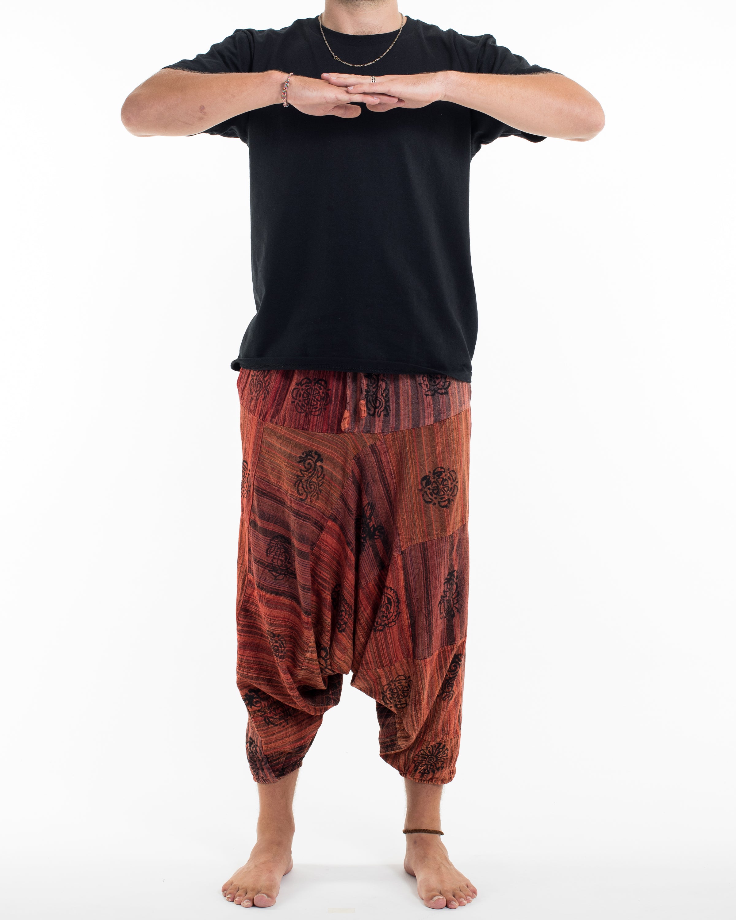 Men's Patchwork Block-Printed Low Cut Harem Pants in Rust