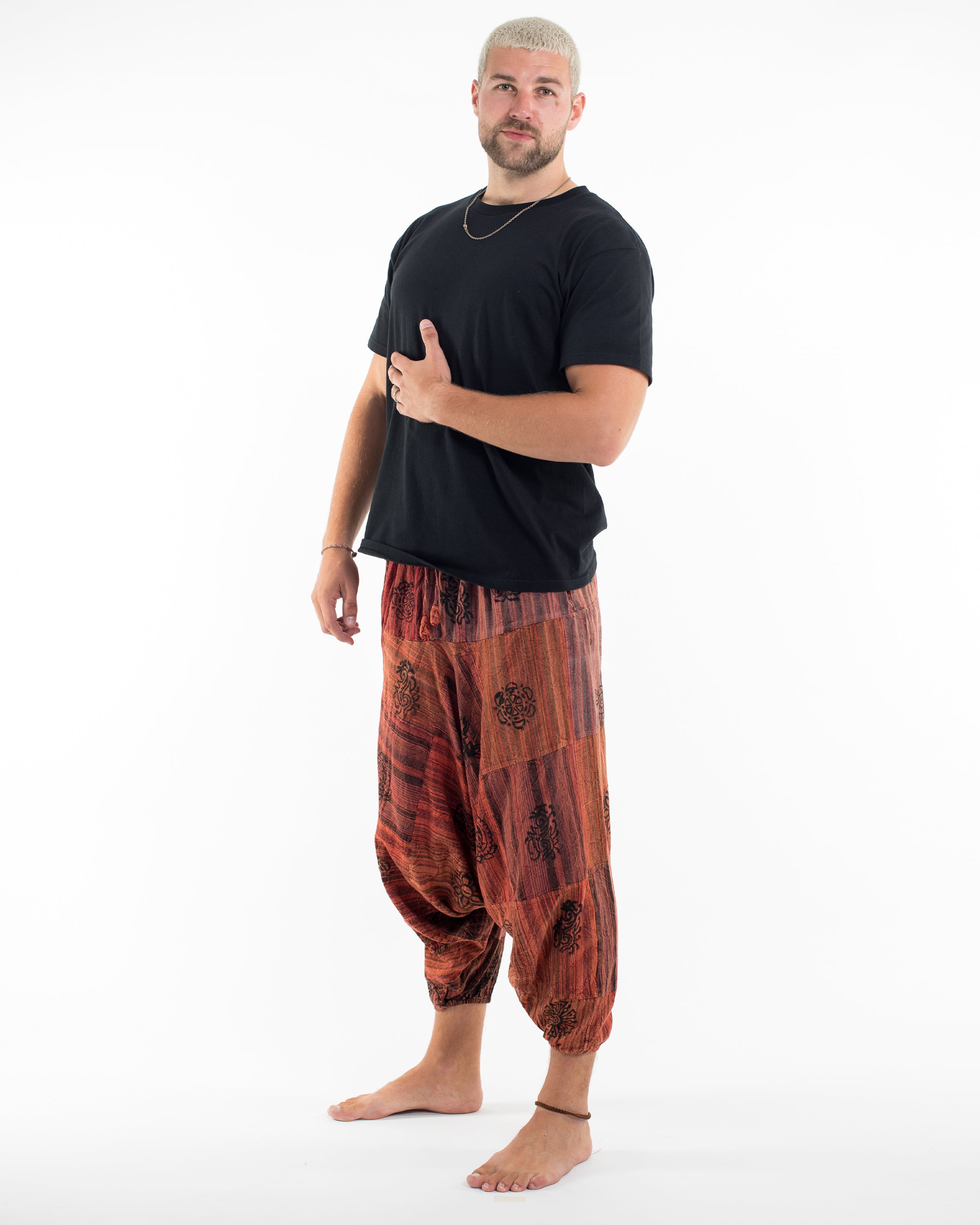 Men's Patchwork Block-Printed Low Cut Harem Pants in Rust