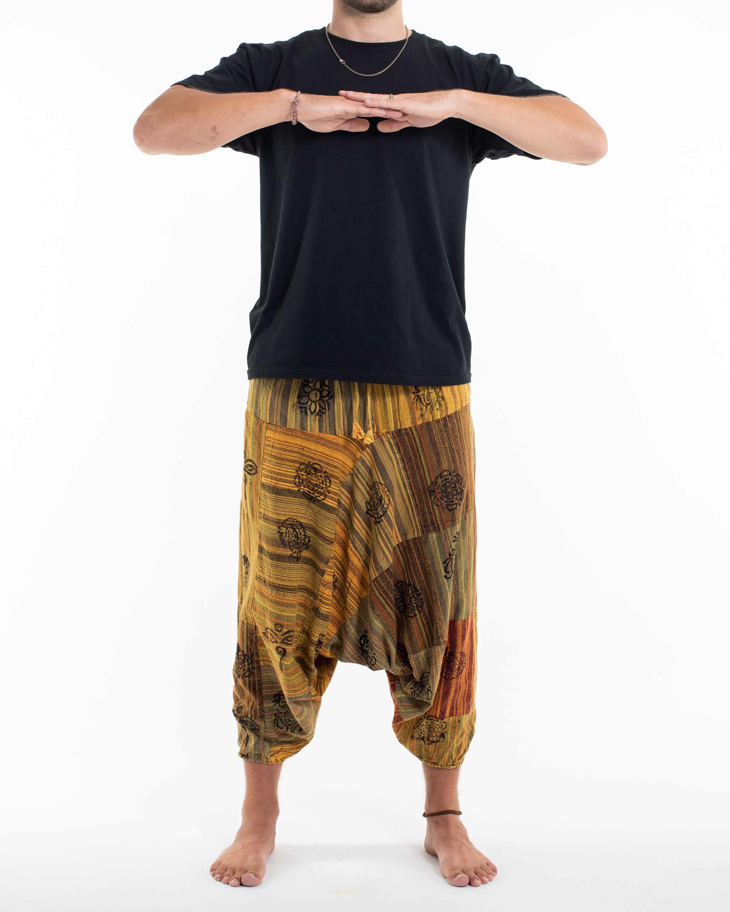 Men's Patchwork Block-Printed Low Cut Harem Pants in Yellow