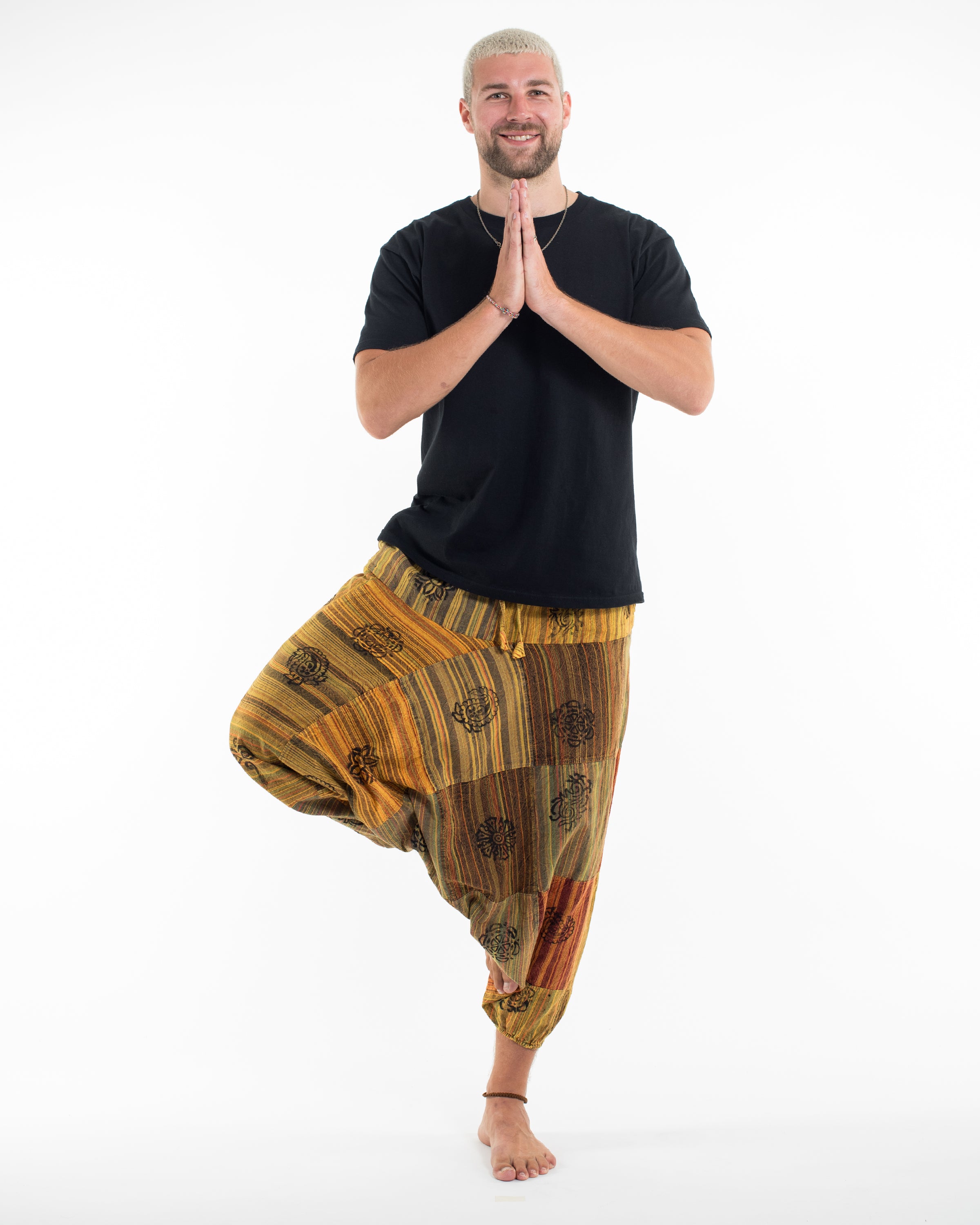 Men's Patchwork Block-Printed Low Cut Harem Pants in Yellow
