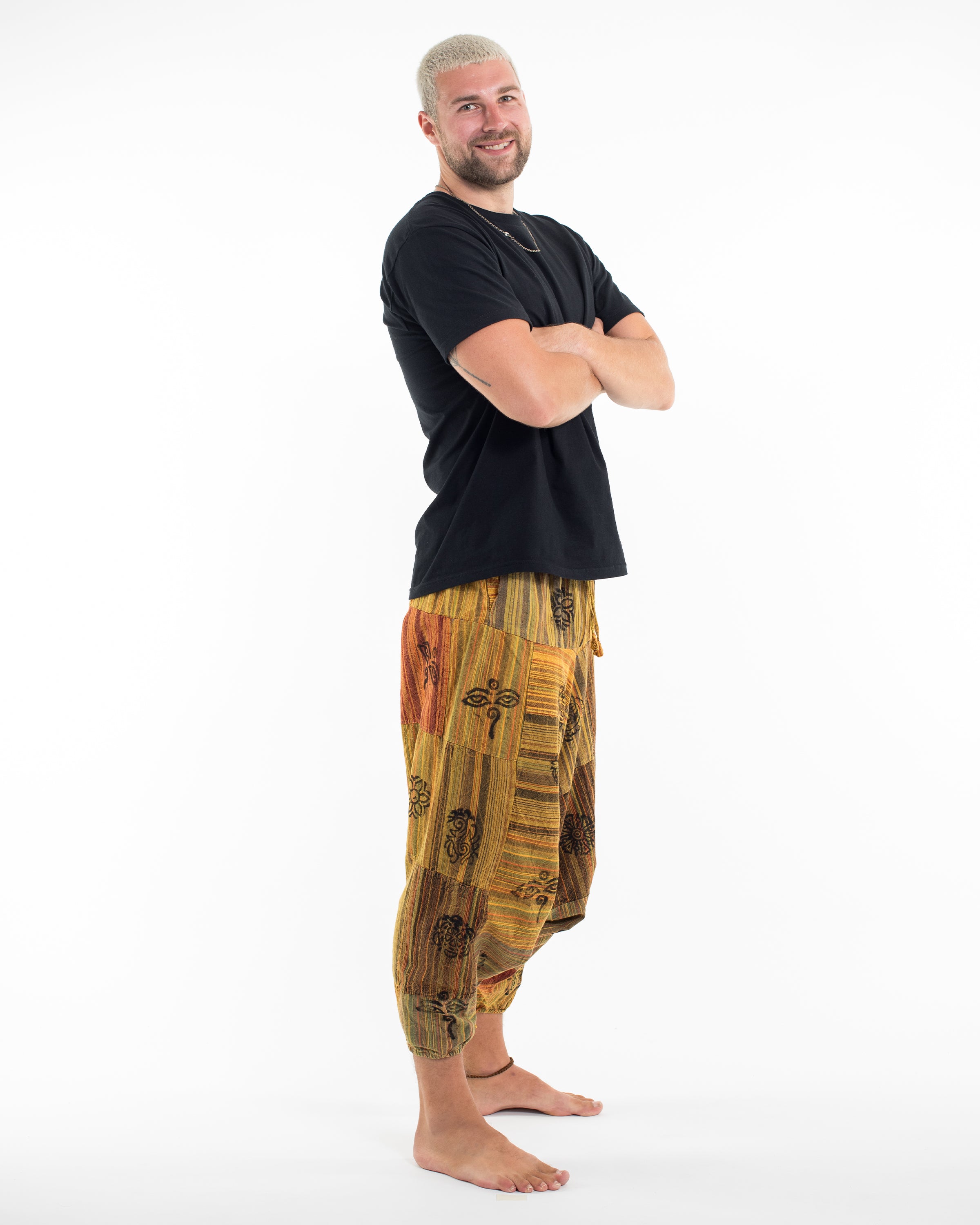 Men's Patchwork Block-Printed Low Cut Harem Pants in Yellow
