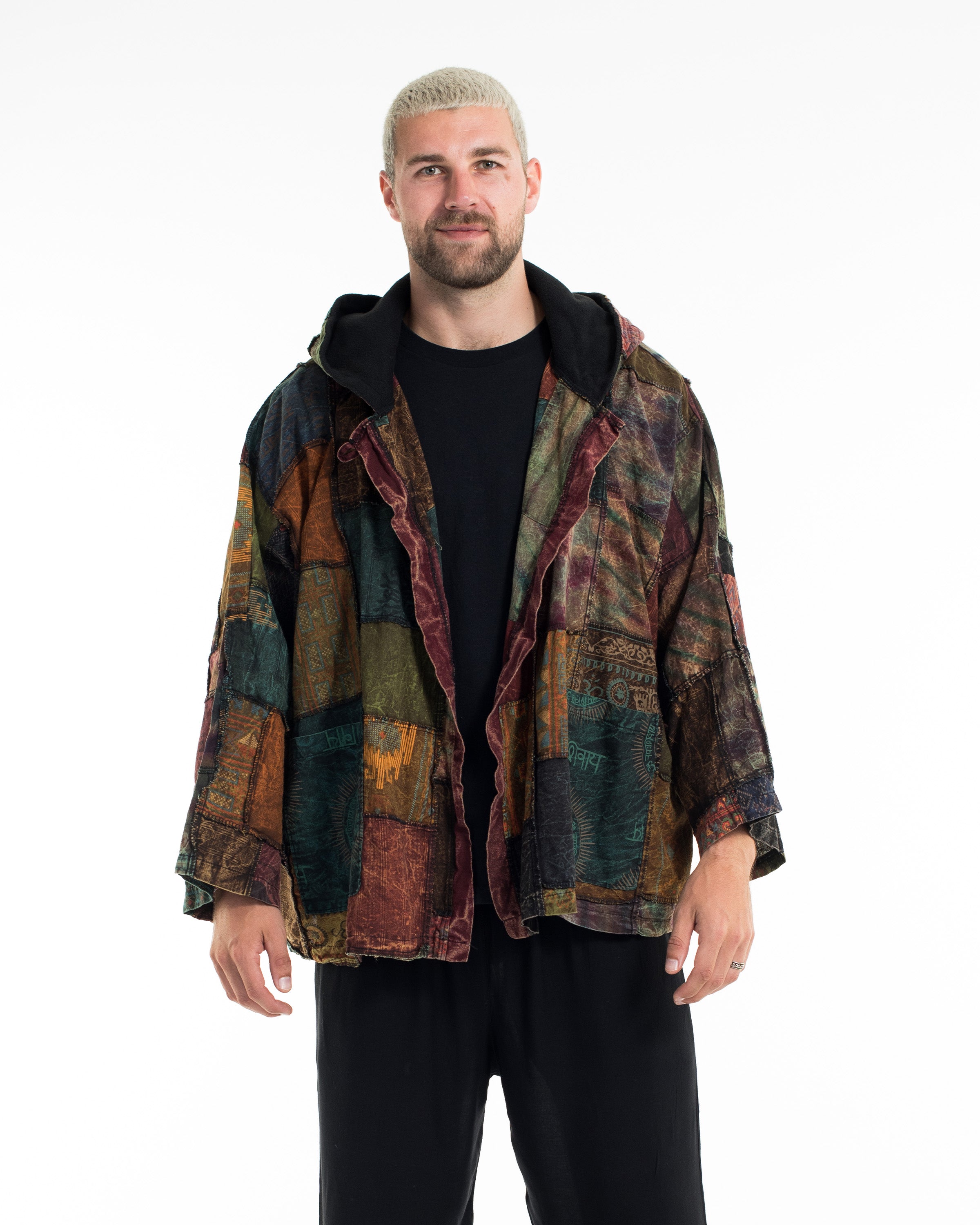 Patchwork Stonewash Hooded Jacket in Multi Brown