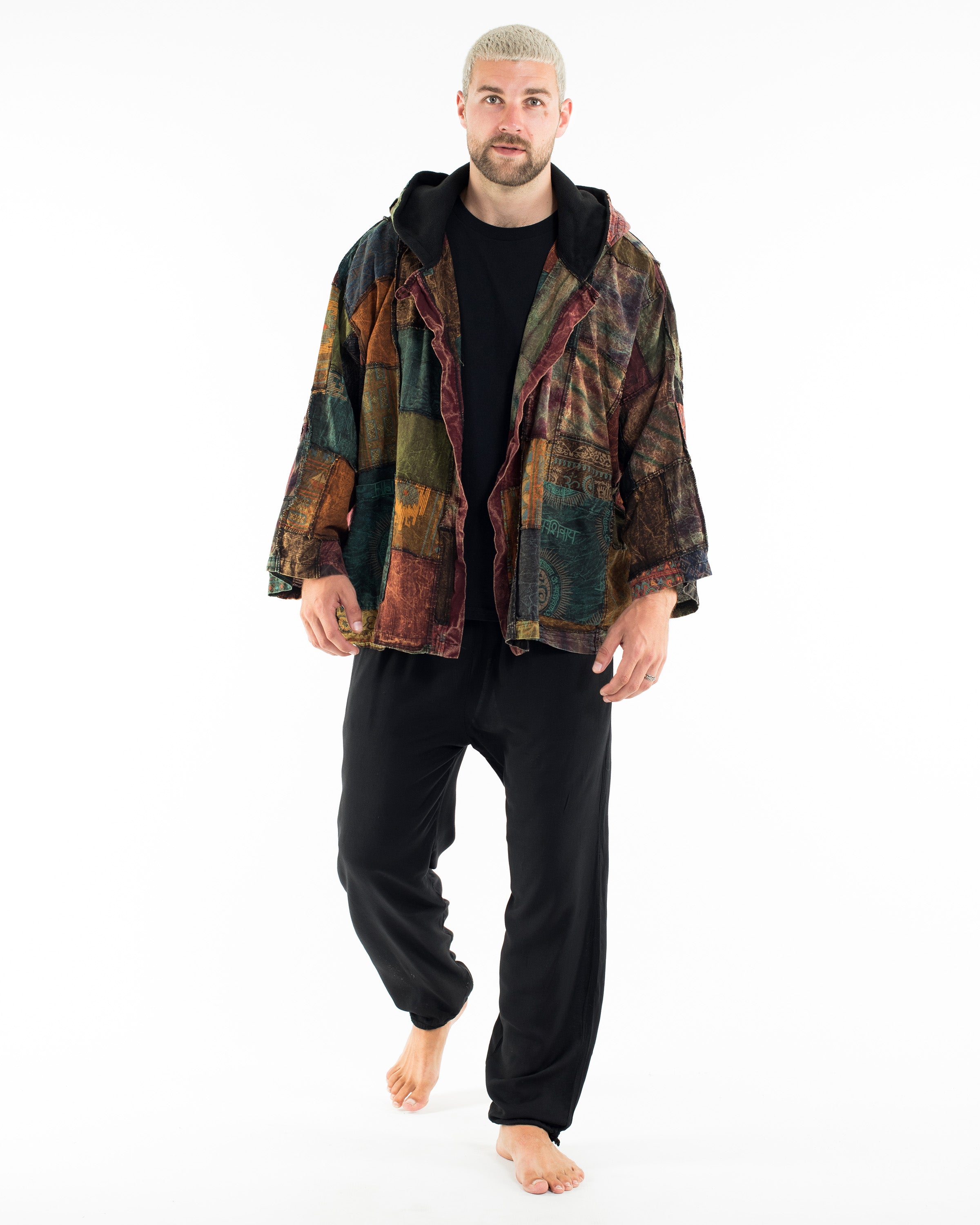 Patchwork Stonewash Hooded Jacket in Multi Brown