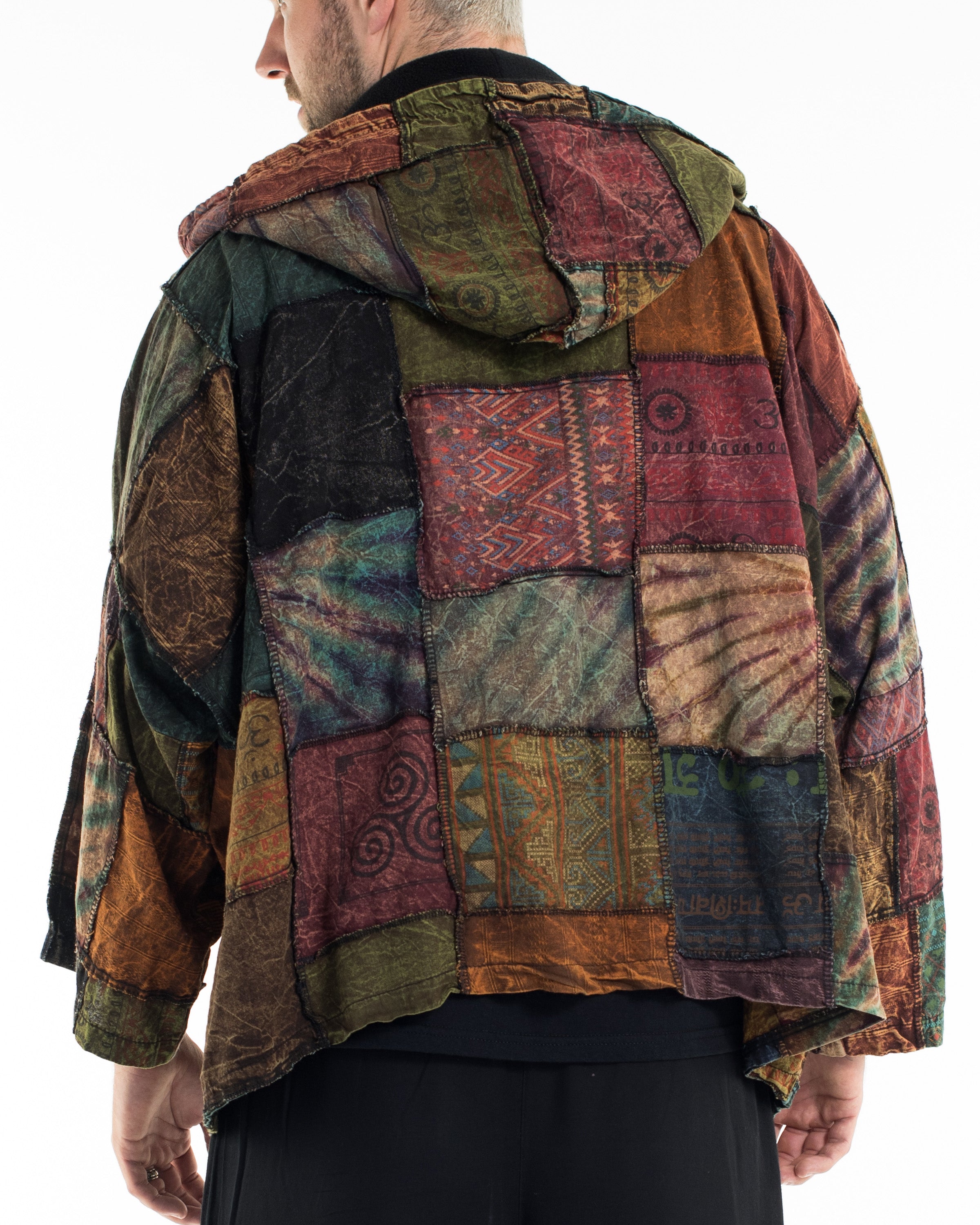 Patchwork Stonewash Hooded Jacket in Multi Brown