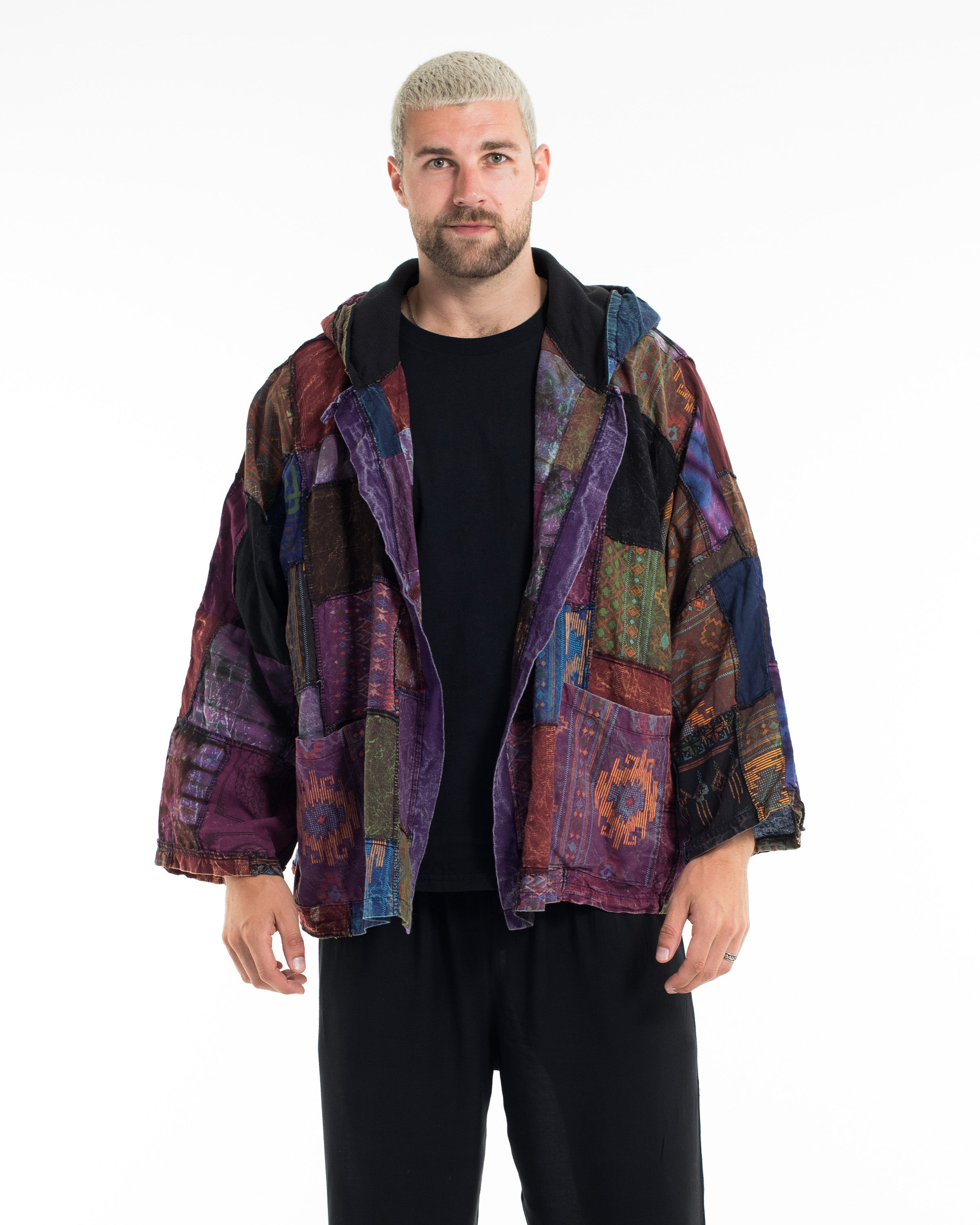Patchwork Stonewash Hooded Jacket in Multi Purple