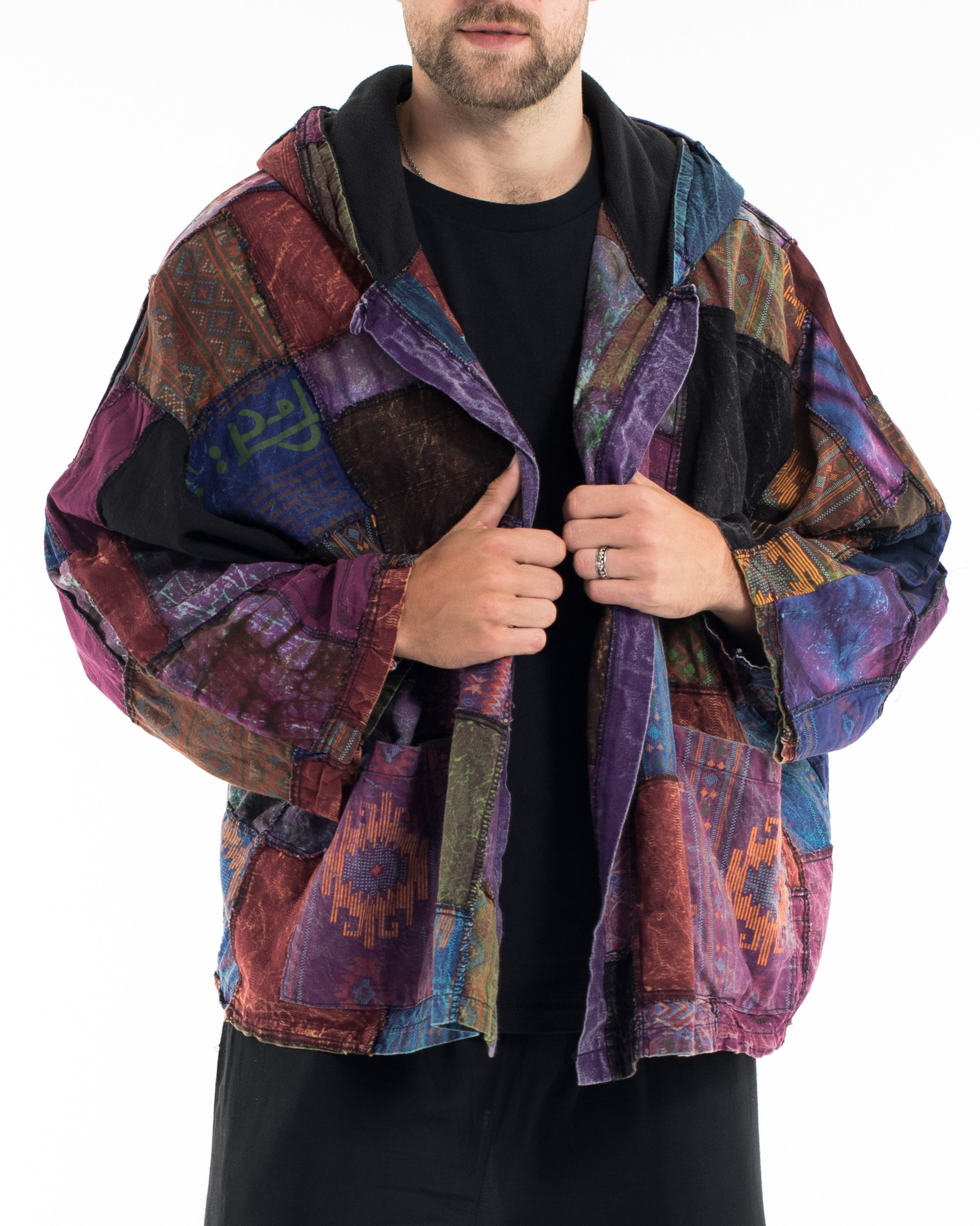 Patchwork Stonewash Hooded Jacket in Multi Purple