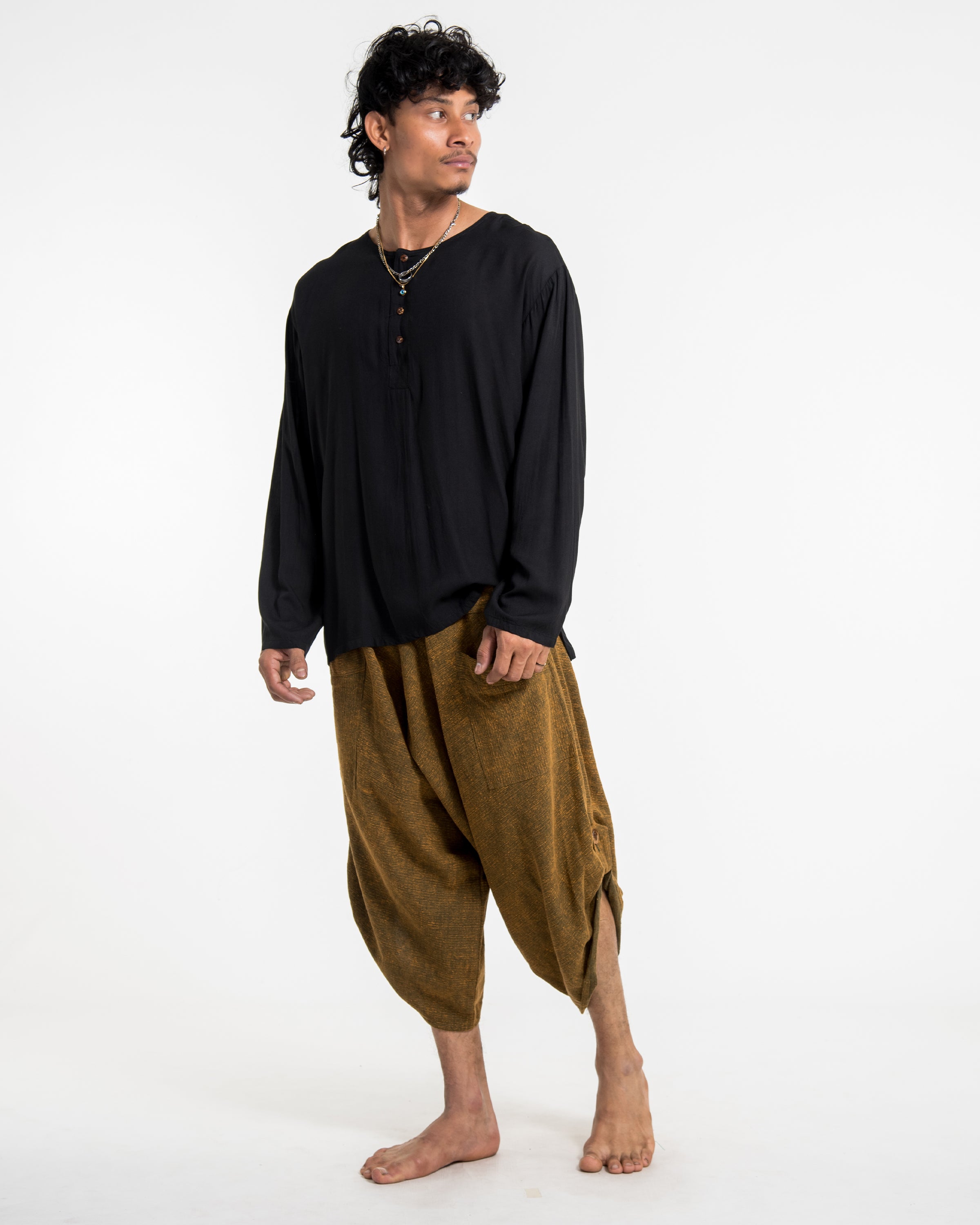 Stone Washed Large Pockets Men's Harem Pants in Brown Gold