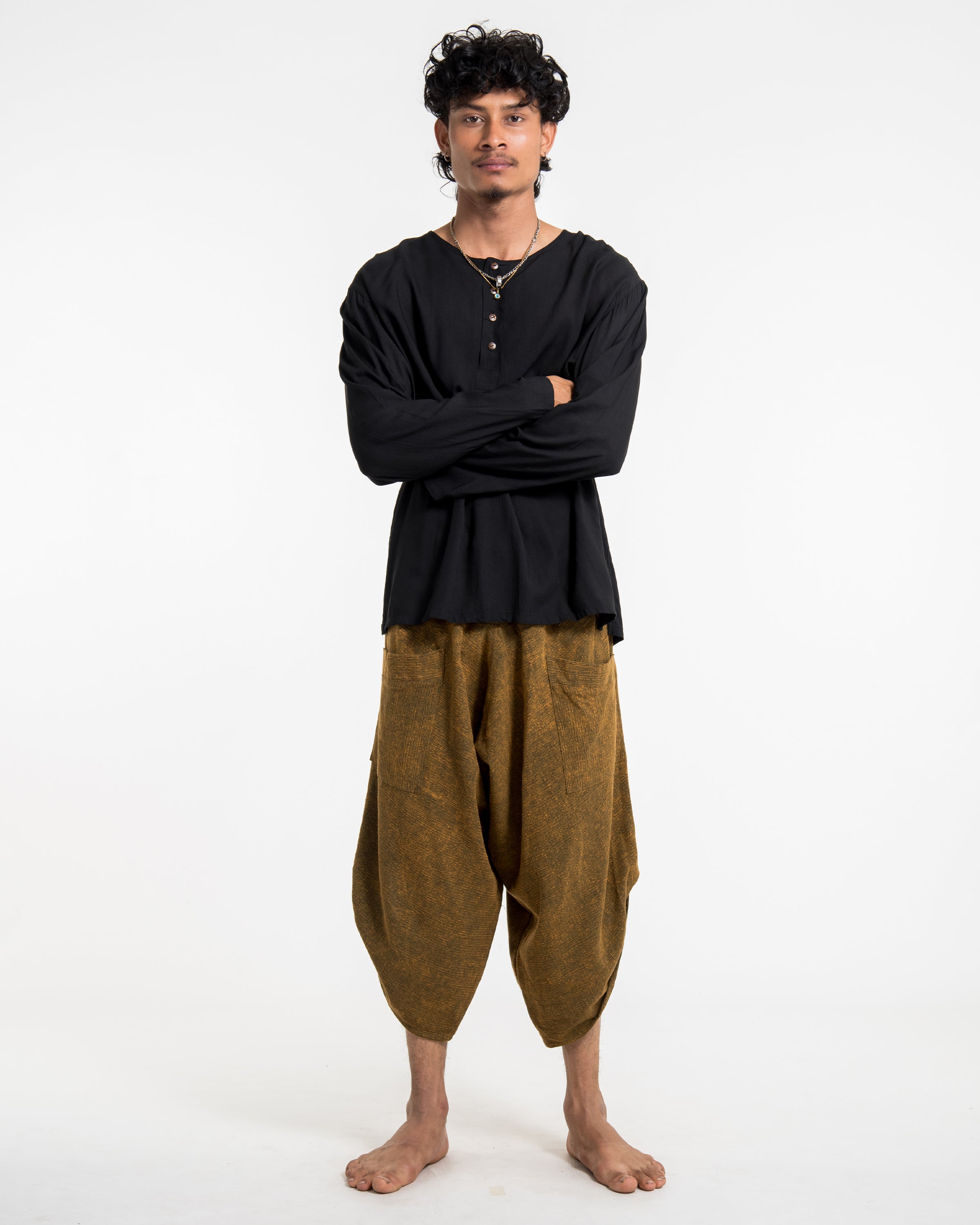 Stone Washed Large Pockets Men's Harem Pants in Brown Gold
