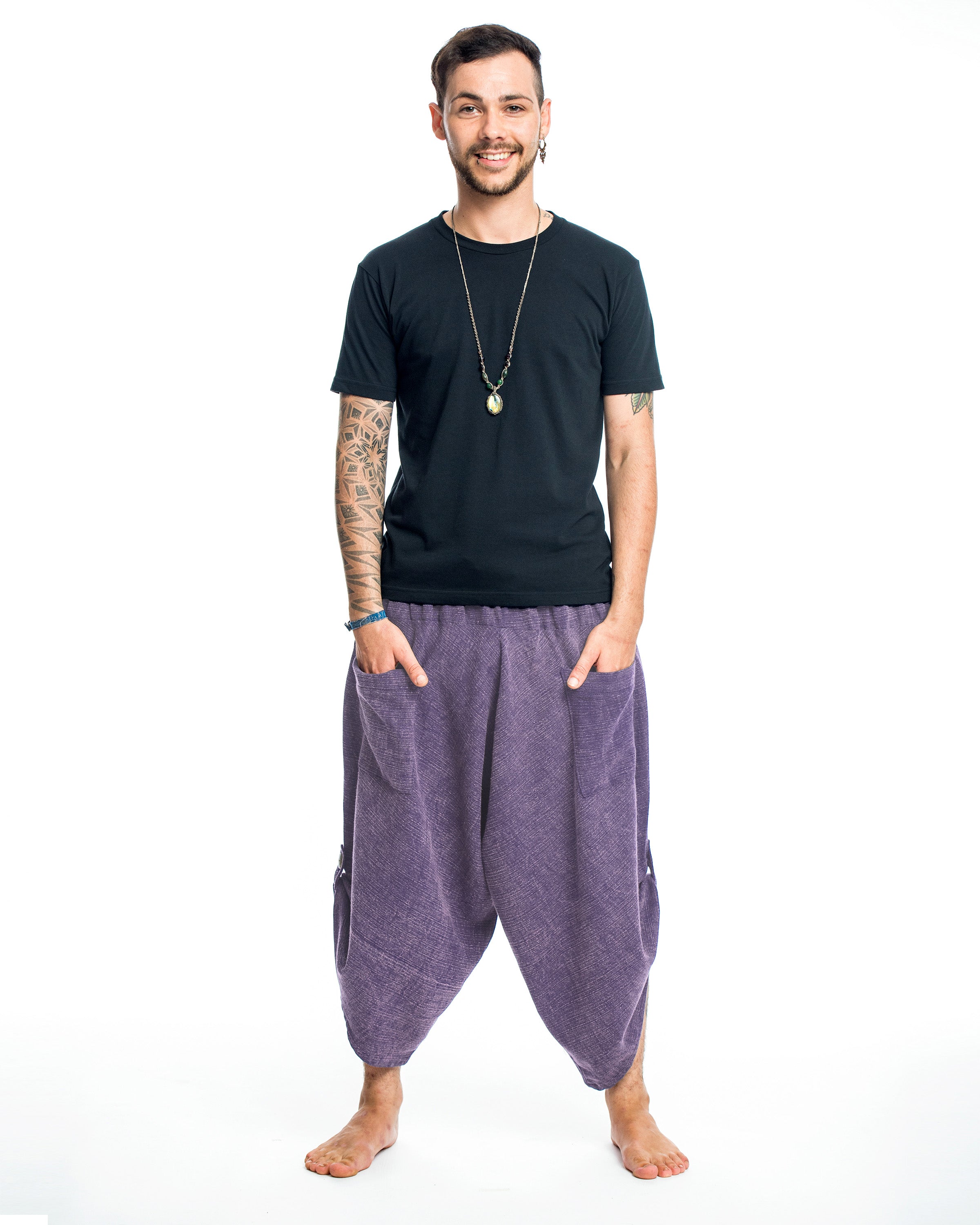Stone Washed Large Pockets Men's Harem Pants in Purple