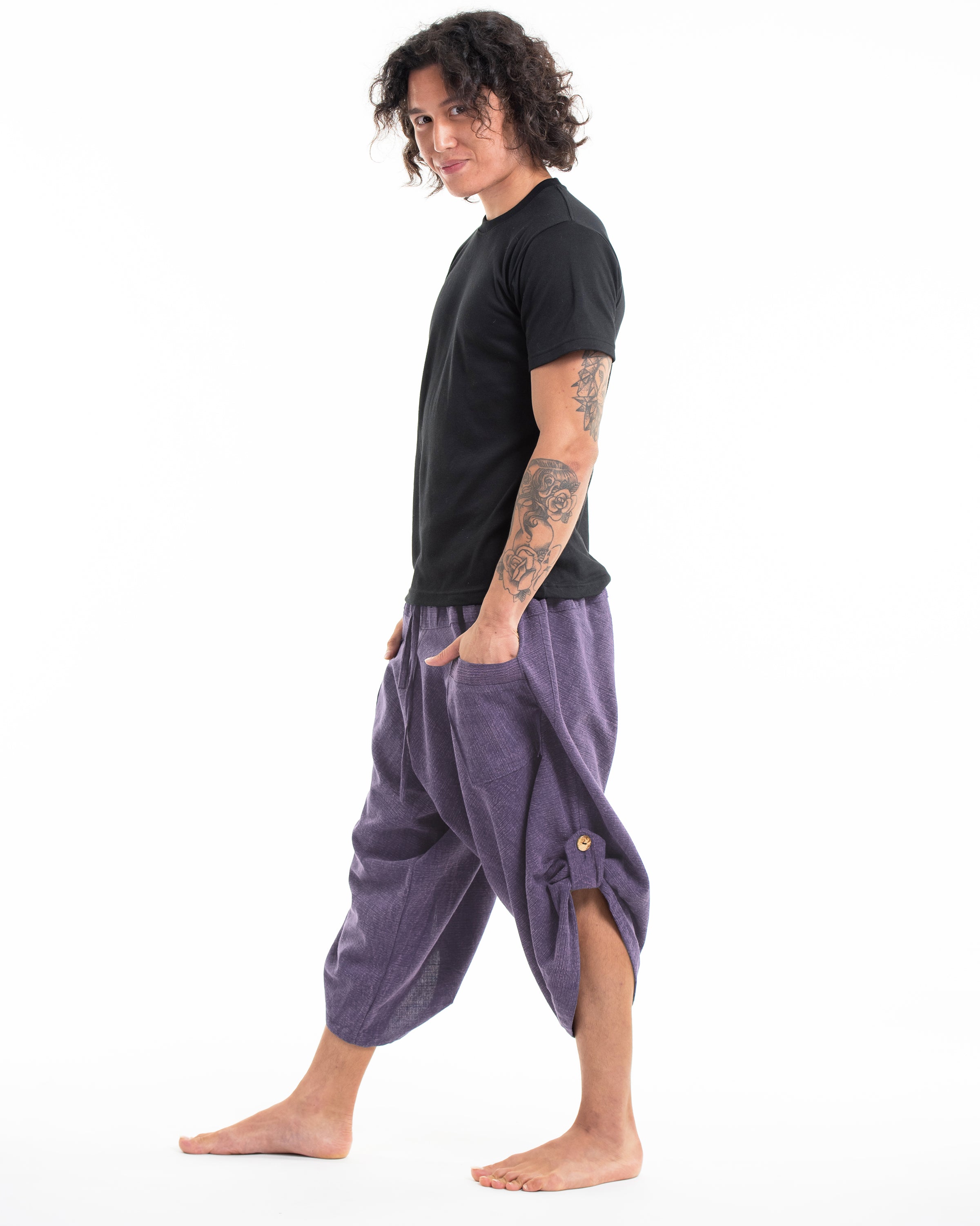 Stone Washed Large Pockets Men's Harem Pants in Purple