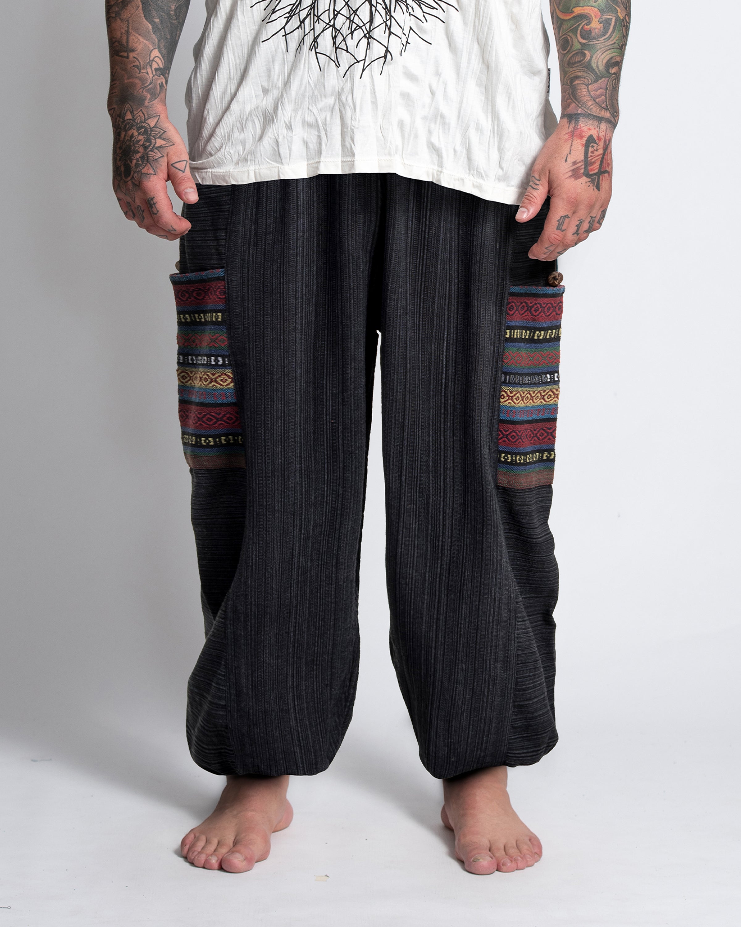 Plus Size Men's Drawstring Pinstripes Cotton Pants with Aztec Pocket in Black